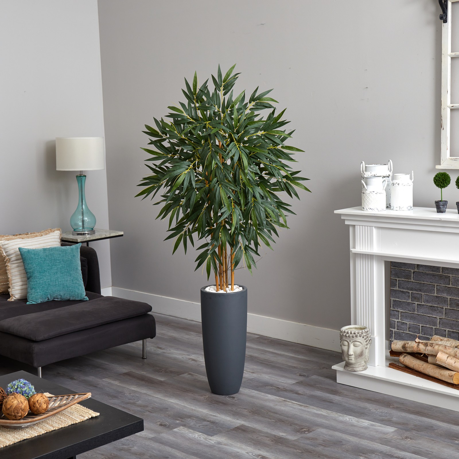 Nearly Natural 78″ Bamboo Artificial Tree in Gray Cylinder Planter in Green/Gray