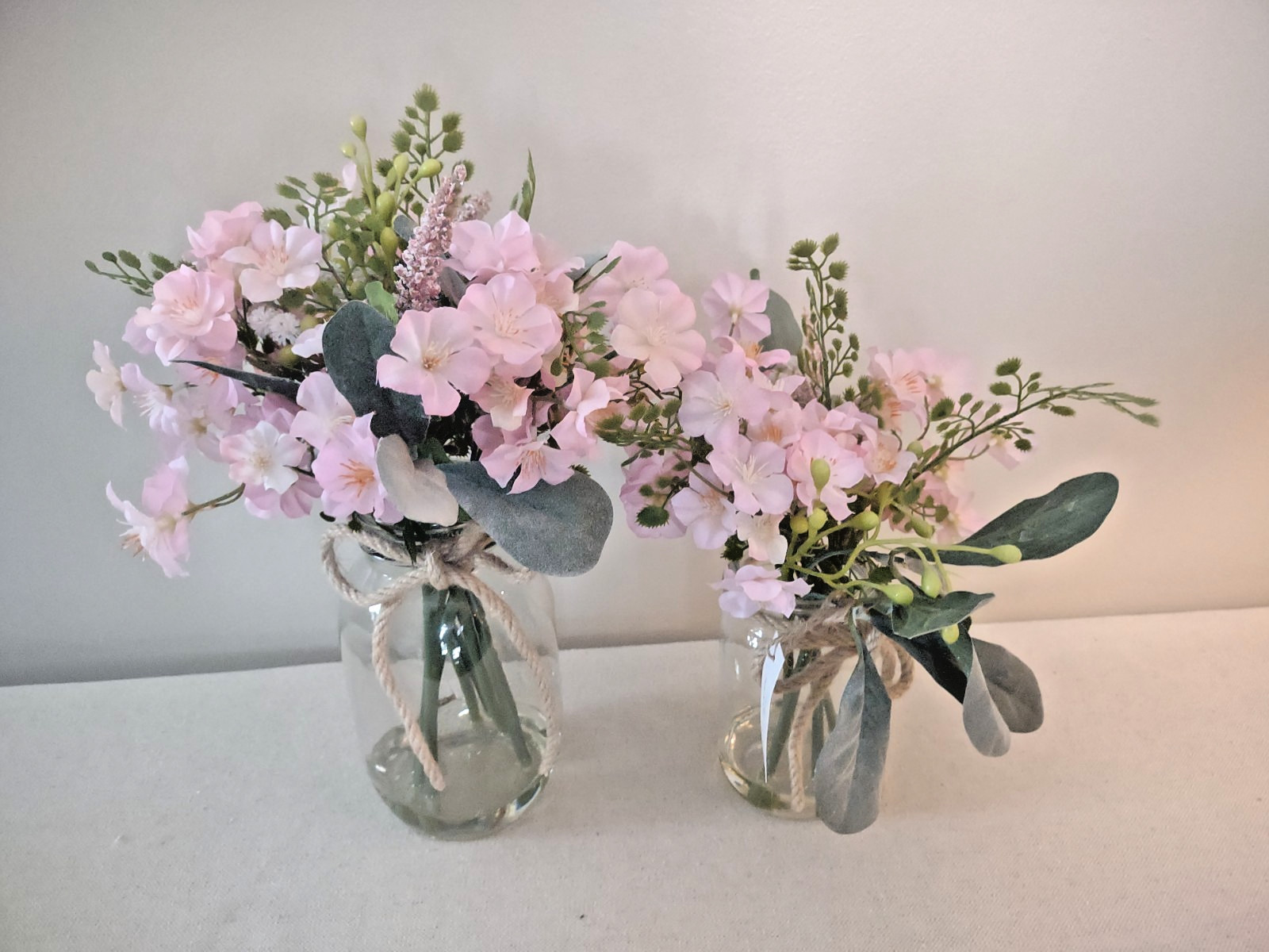 Pink Multi Flower Faux Arrangement in Glass Mason Jar with Faux Water~NEW SET/2