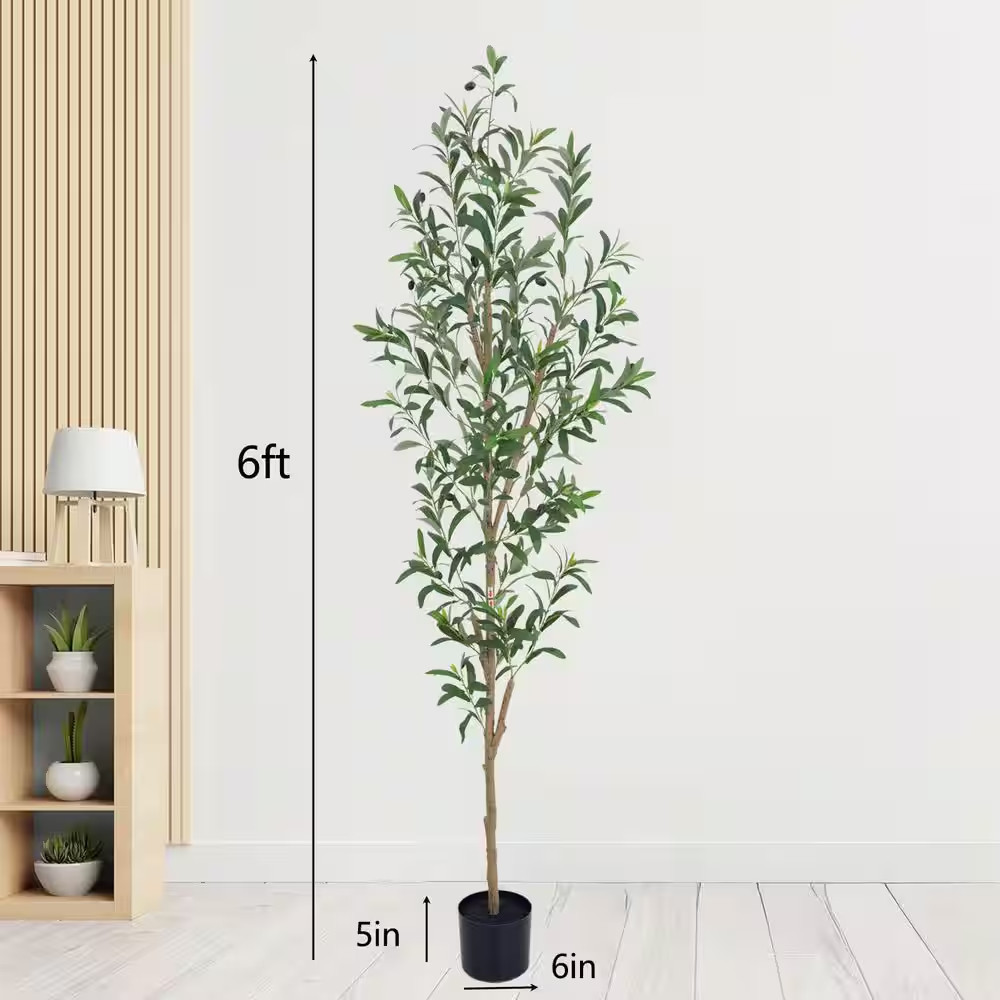6 Ft. Artificial Olive Tree in Pot Lifelike Green Leaves Faux Fruit Adjustable B