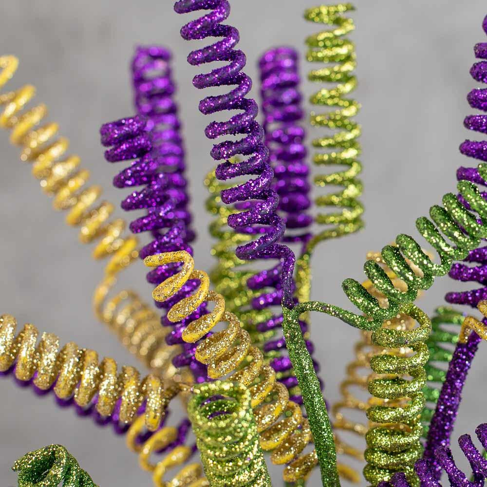 Set of 6 Decorative Mardi Gras Glitter Curly Spring Spray 16″ Stems