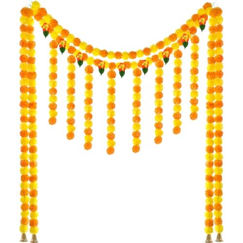 1 Set Artificial Marigold Flower Strands Tassel Garland for Diwali 5 Bell Style