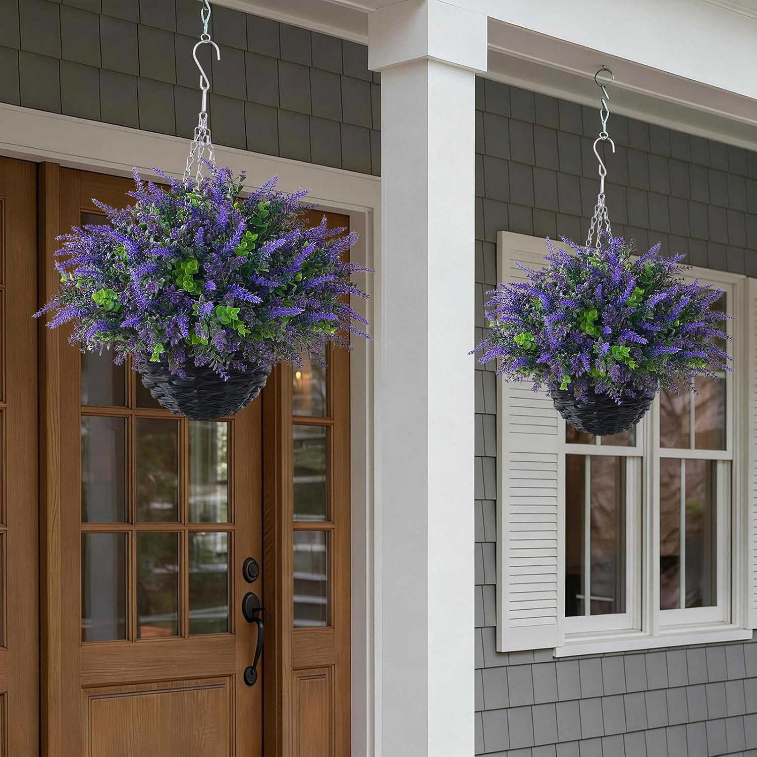 2 Sets Artificial Lavende & Eucalyptus Leaves Hanging Basket for Outdoor,Uv-Resi