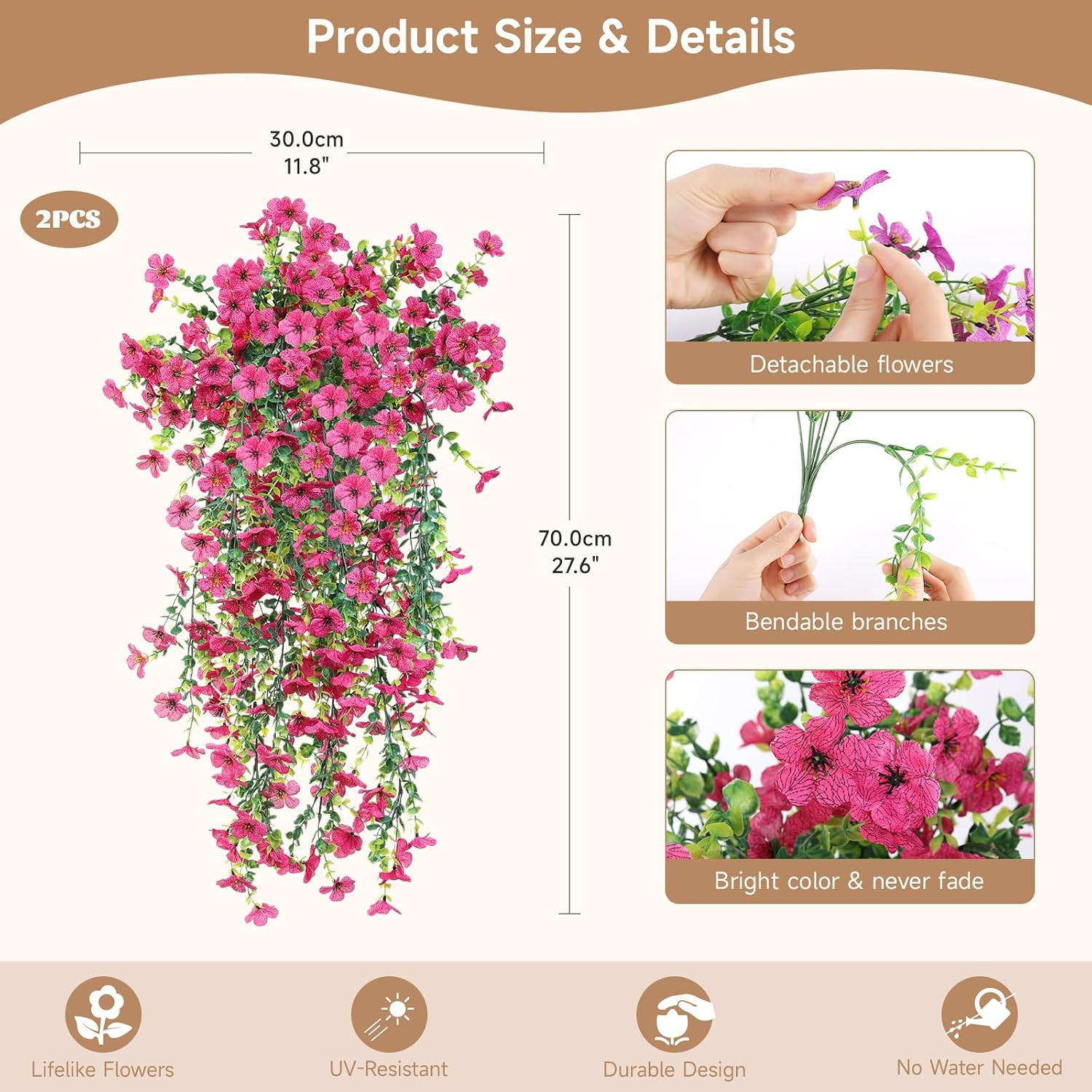 Artificial Hanging Flowers for Outdoors Faux Plants Spring Porch Decor, 2 Pcs