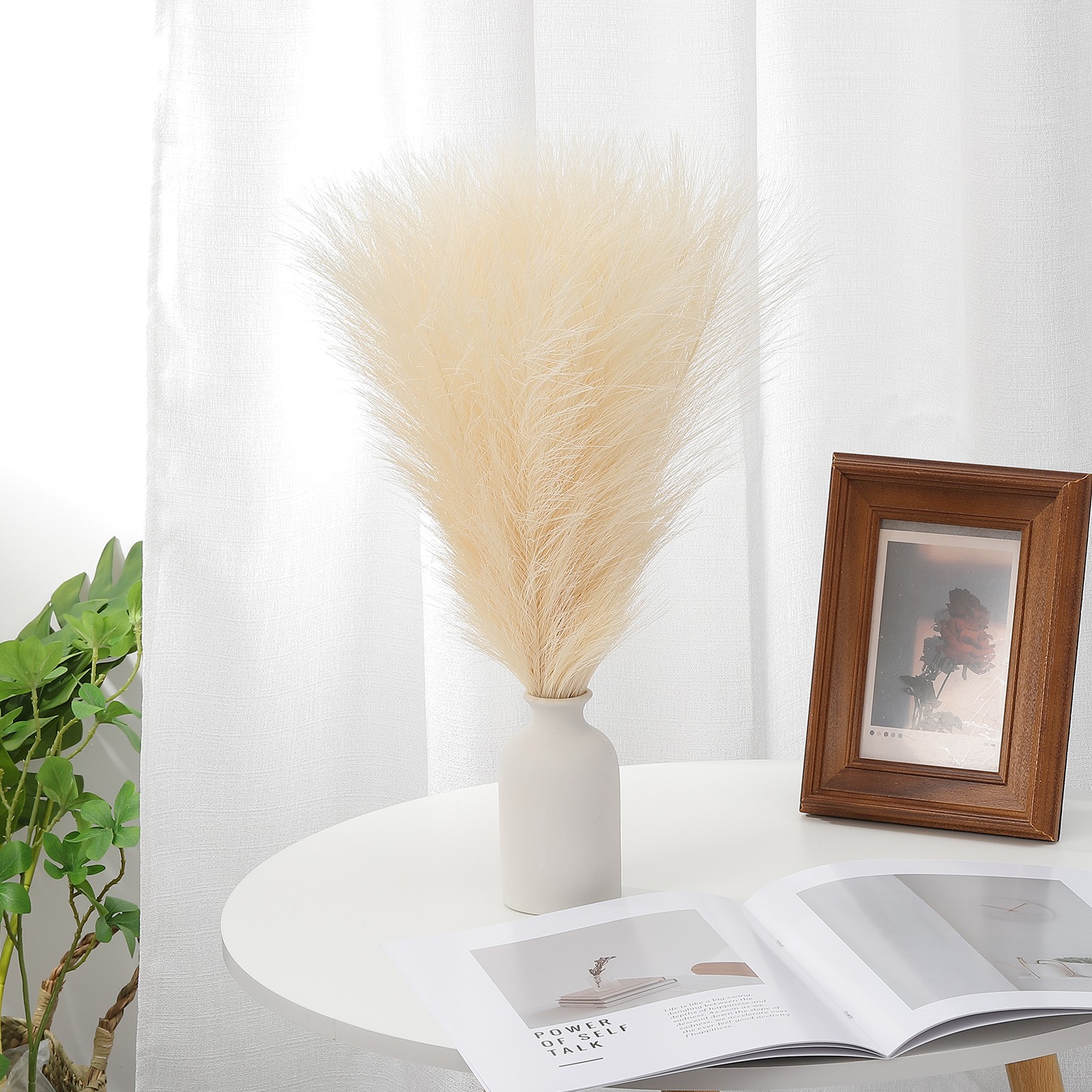 17.7in Pampas Grass Decor 30pcs Bulk Fluffy Faux Small Dried Pampas Grass Beige