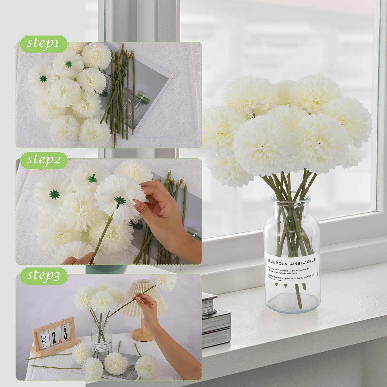 12 Pcs Artificial Chrysanthemums Flowers Silk Ball White Flowers Fake Mums Sprin