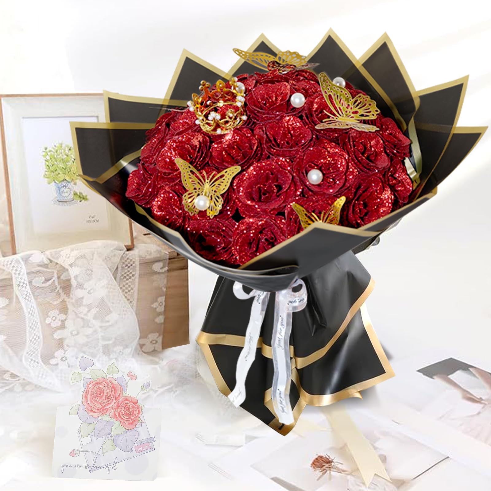 Red Glitter Roses Bouquet, 36 Pcs Shiny Glitter Flowers Bouquet, Everlasting …