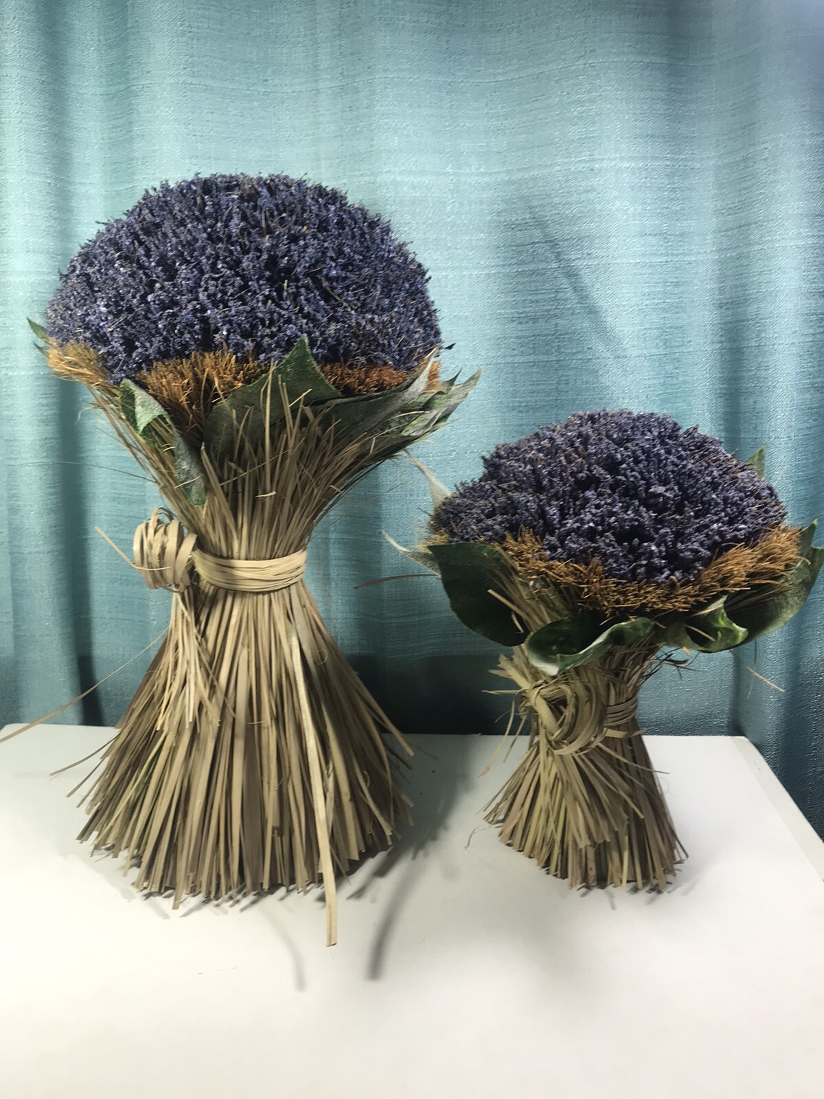 Artificial Lavender Bouquet Pair Free Standing Rounded Bunch w Grass Bow