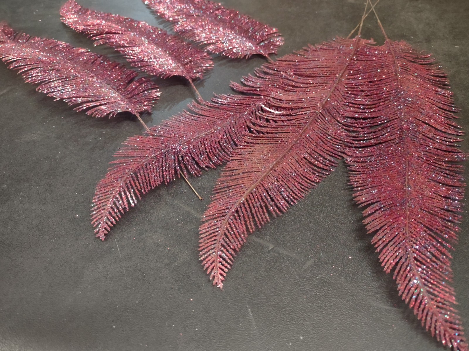 6 Pieces: Retro Plastic Feather Fern, Purple Red & Blue Glittered, Wired 15″