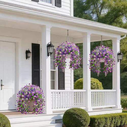 Artificial Fake Flowers for Outdoors,2PCS Faux Hanging Purple Deep Purple