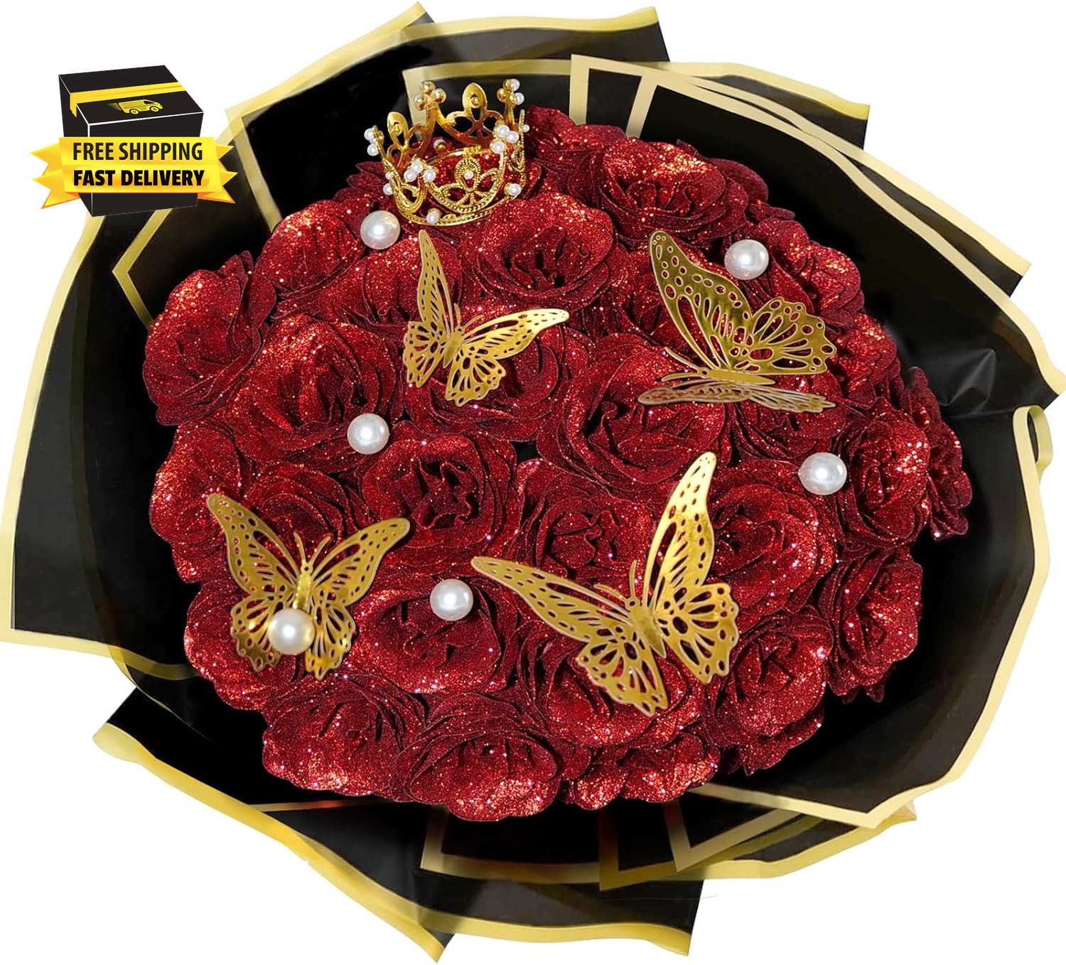 Red Glitter Roses Bouquet, 24 Pcs Shiny Glitter Flowers Bouquet, Everlasting Art