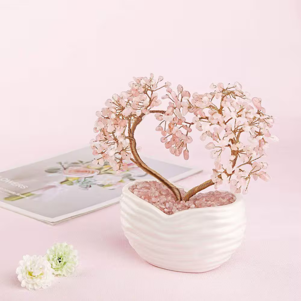 8 Ft. Artificial Rose Quartz Crystal Heart Bonsai Tree in White Ceramic Containe