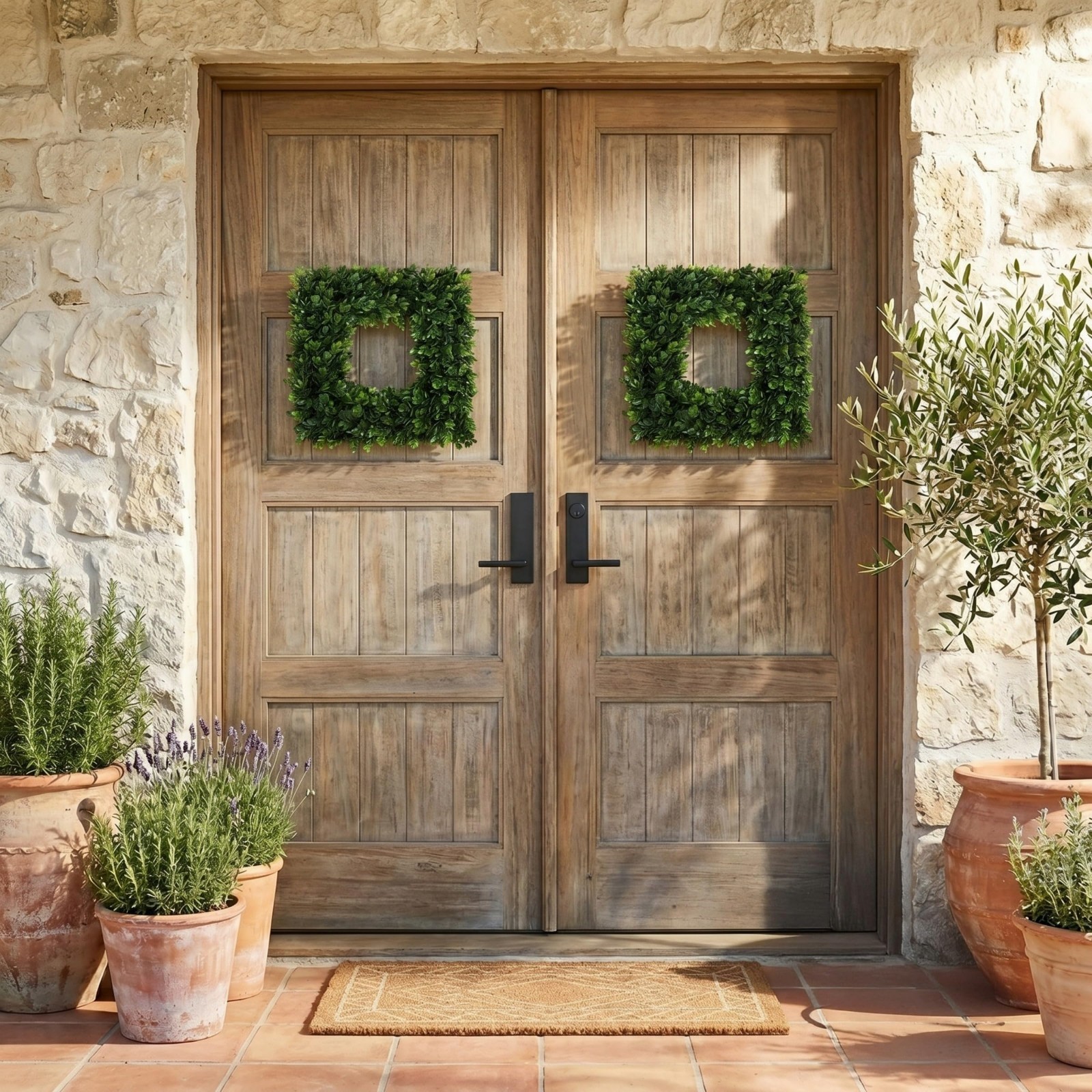 Set of 2 Square Boxwood Wreaths – 16.5-Inch Artificial Decor for All Seasons
