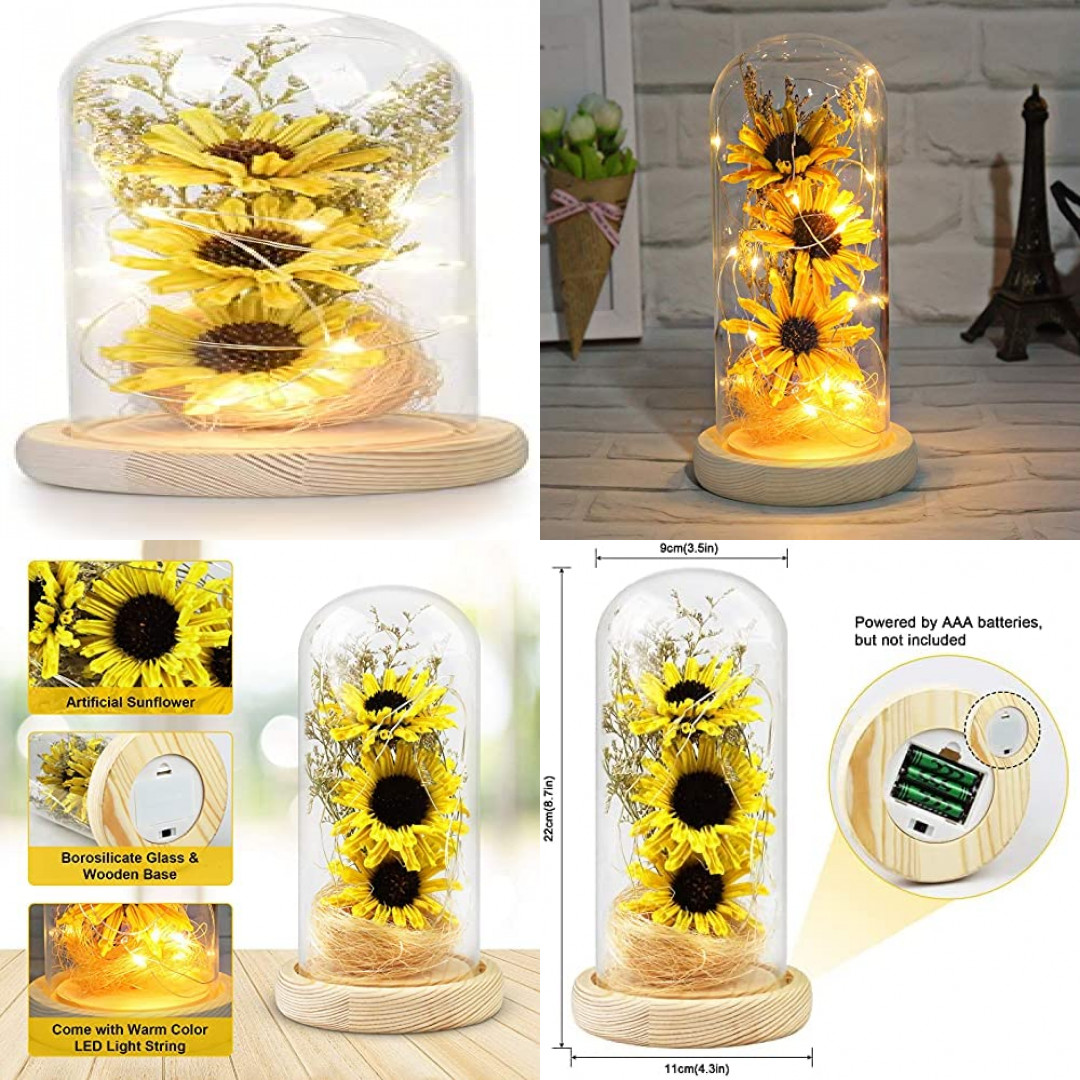 Artificial Sunflower in Glass Dome with Led Light Strip Gifts for Women Mom Girl