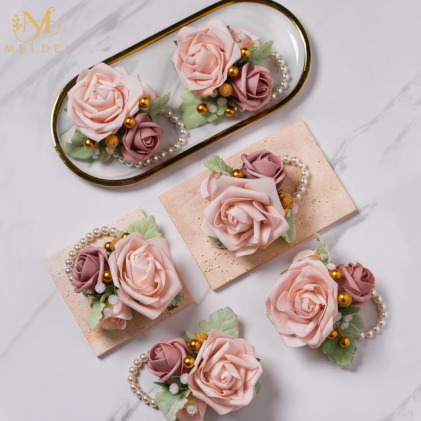 6 Pcs Dusty Pink Wrist Corsage, Wedding, Prom Hand Flower, Bride, Bridesmaids