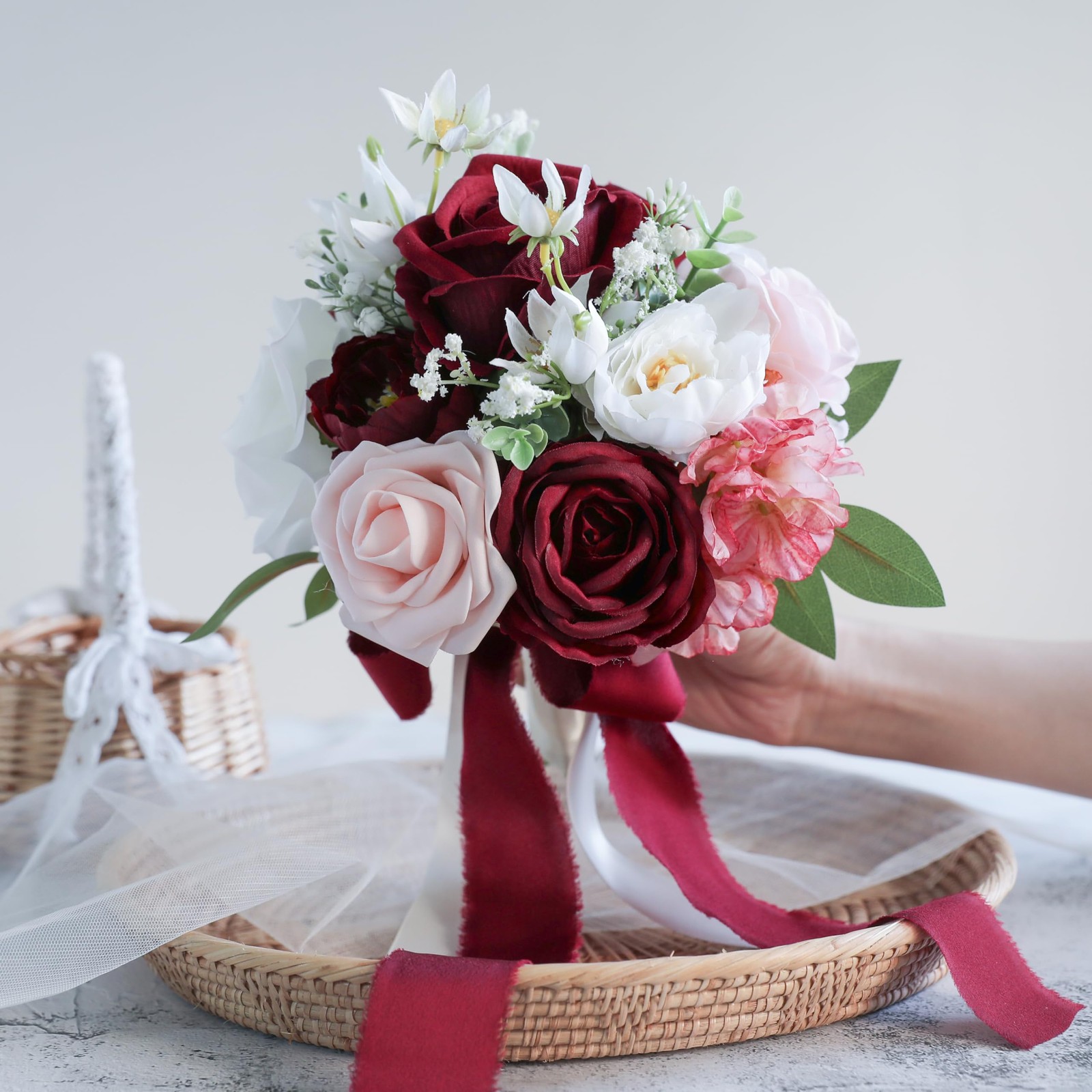 Burgundy, Blush Wedding Bouquet, Bride, Bridesmaid, Artificial Prom Flowers