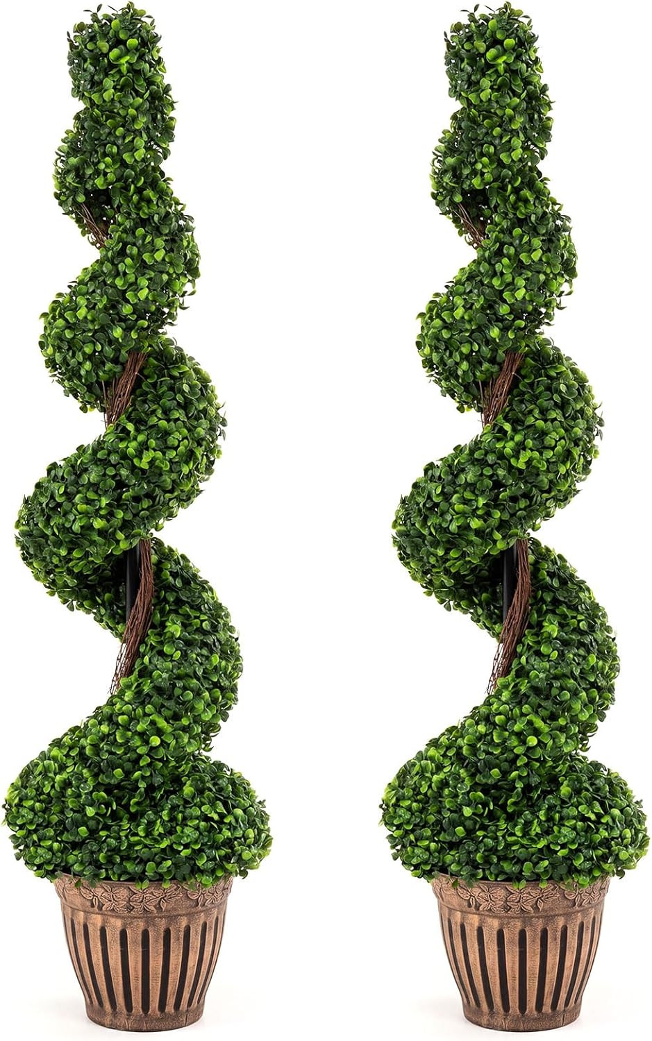 4 Ft Artificial Boxwood Spiral Topiary Tree, Fake Greenery Plants, Leaves & Ceme