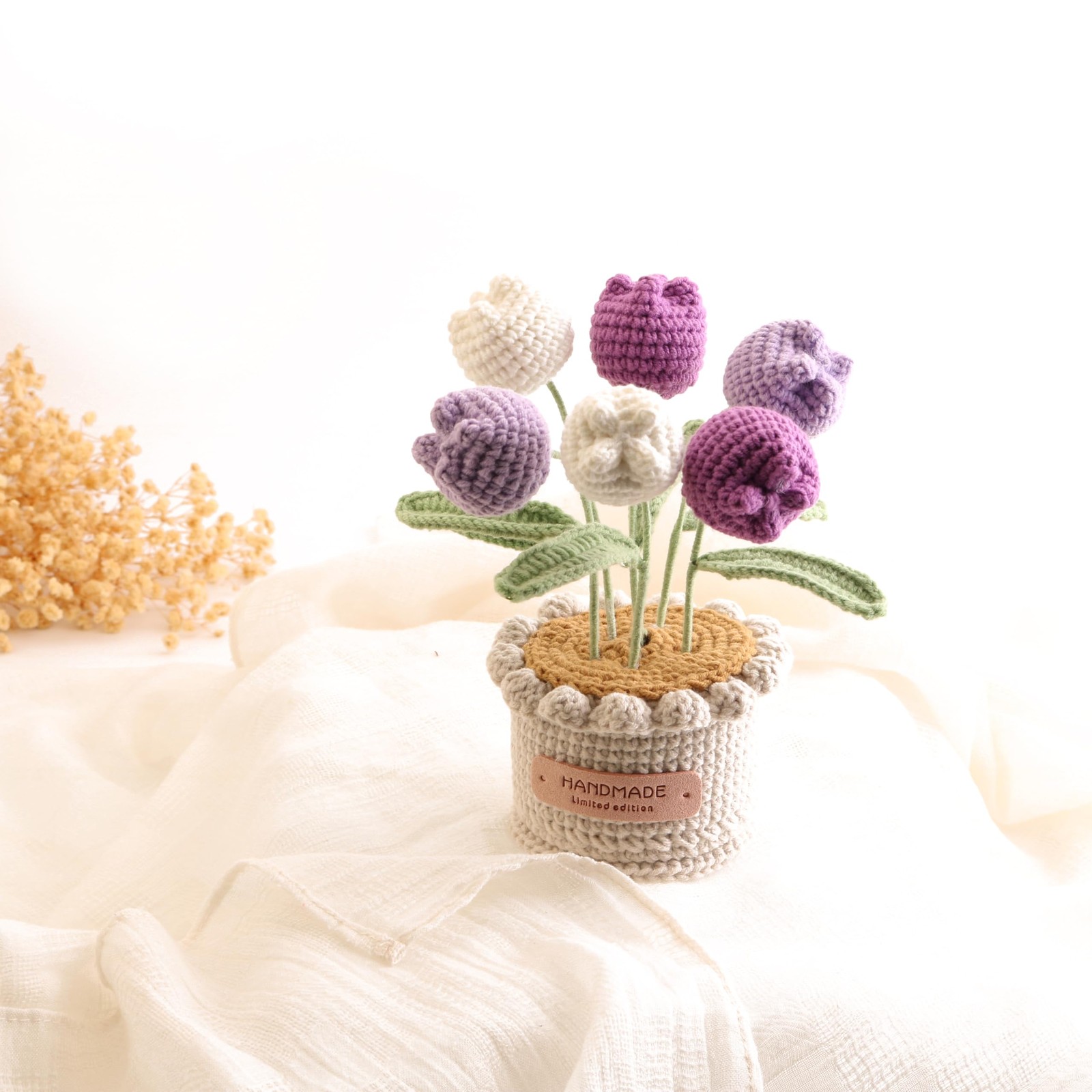 Wool Woven Tulip Potted Plants, Artificial Crochet Hand-Woven Flowers Suitabl…