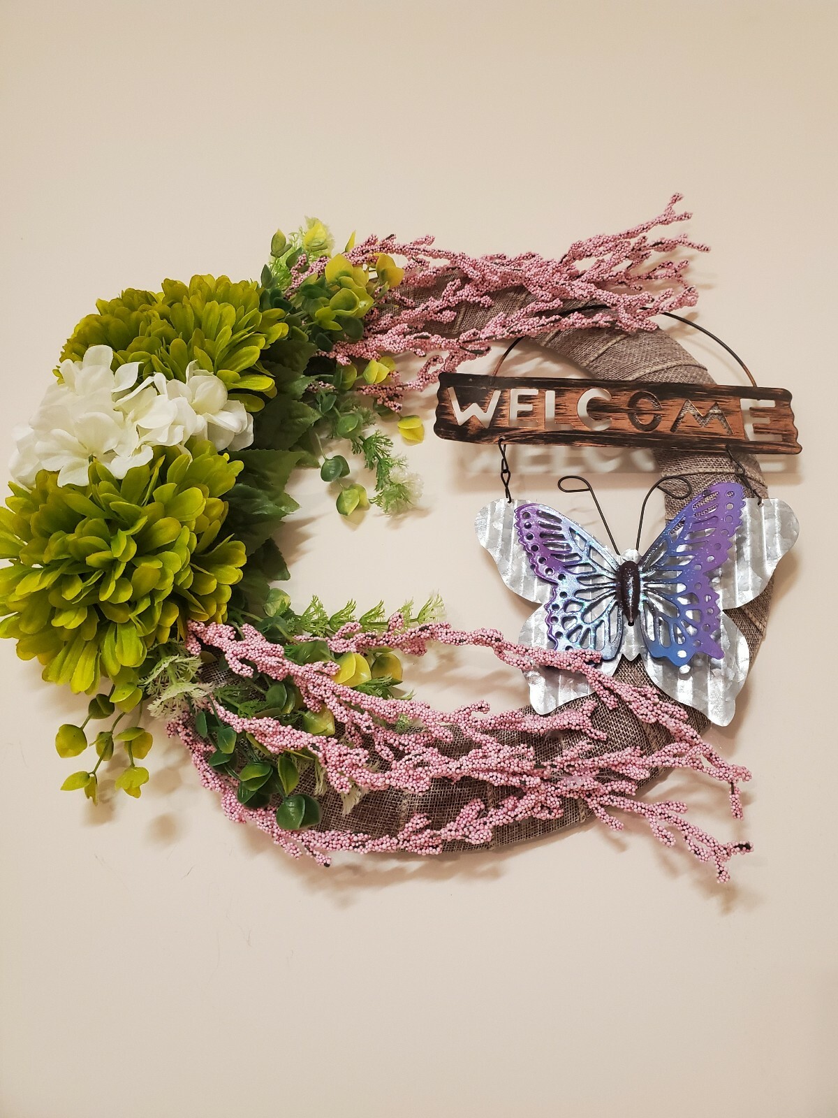WELCOME fall spring Wreath green white pink FLOWER beige burlap Decor Front Door