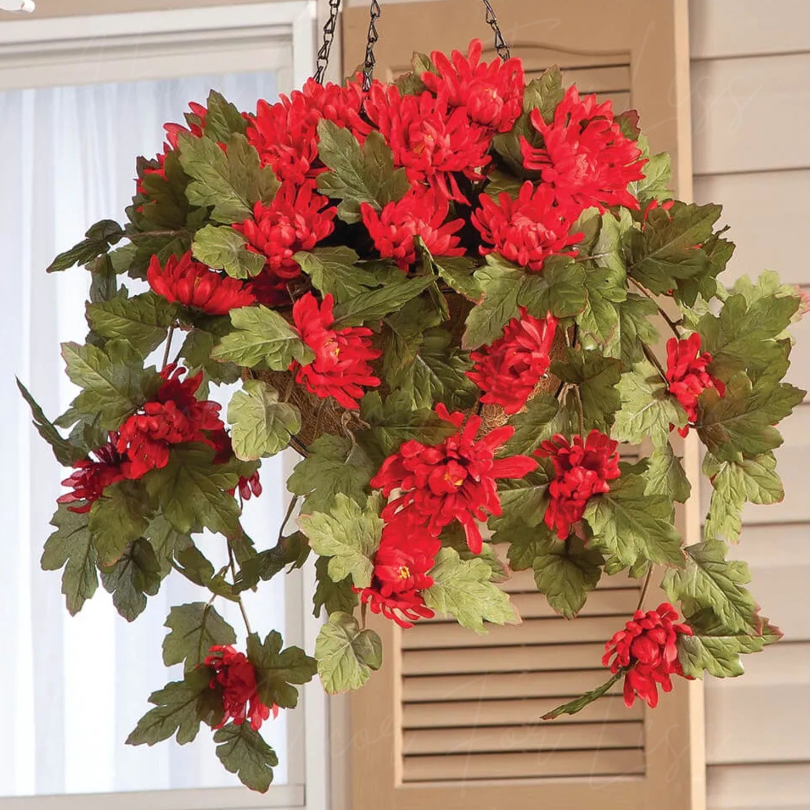 Large Artificial Red Mums Hanging Basket Indoor Outdoor Patio Garden Decor