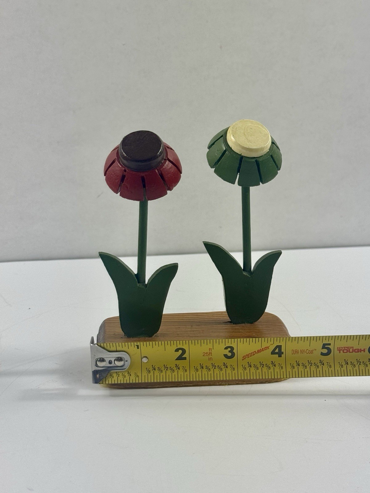 Vintage Wooden Flower Figurines Set x 2 Hand Painted Folk Art Floral Shelf Decor
