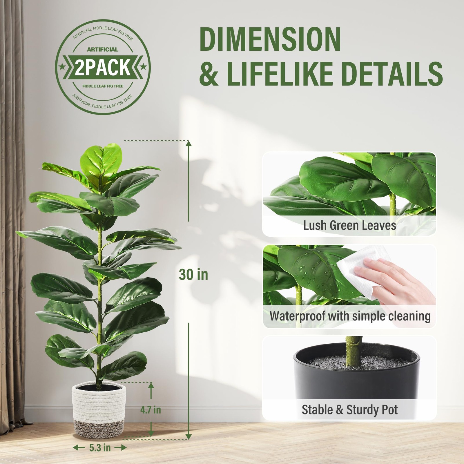 2 Pack Artificial Fiddle Leaf Fig Tree, 30″ Ficus Lyrata Fake Plants with Cot…
