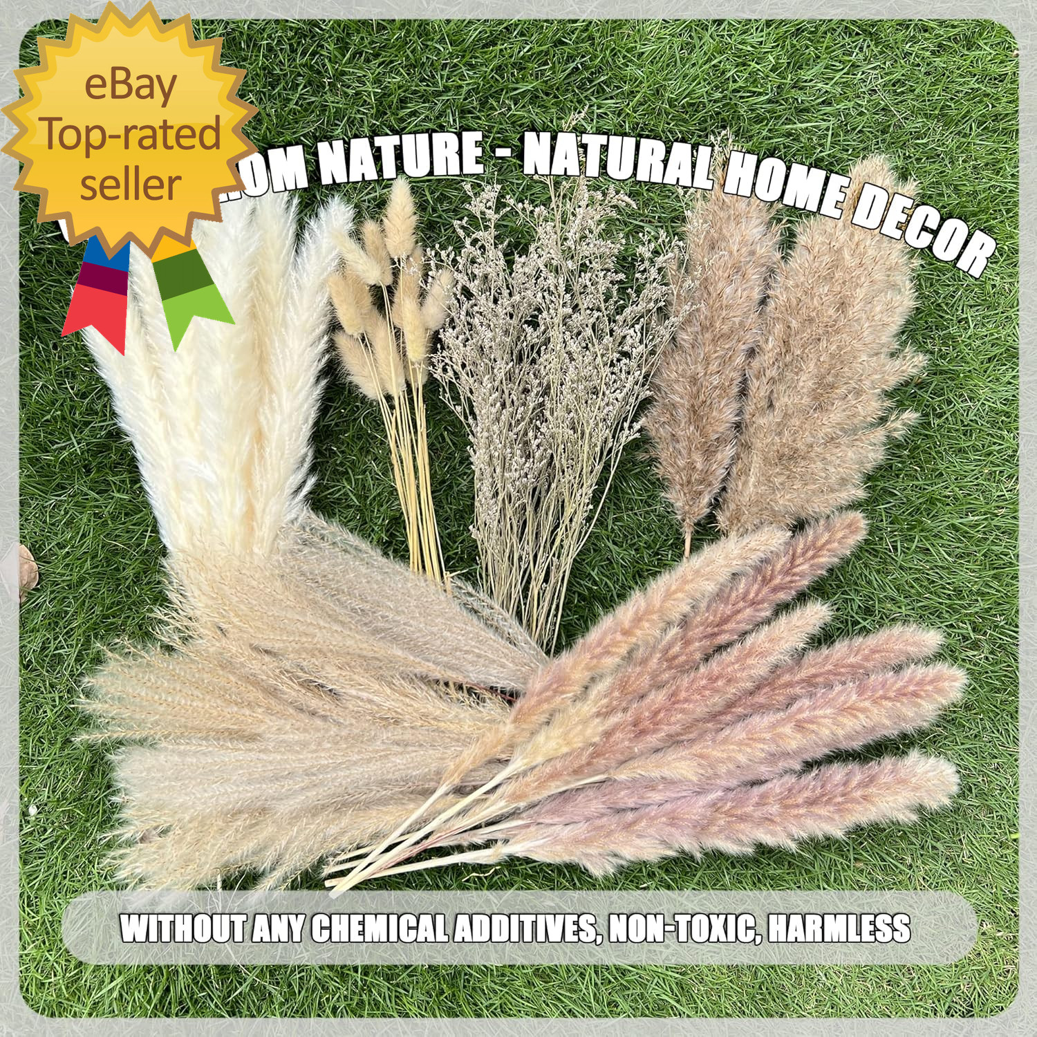 100Pcs Pampas Grass Boho Home Decor 17 Inch Natural Dried Flowers-Pampas