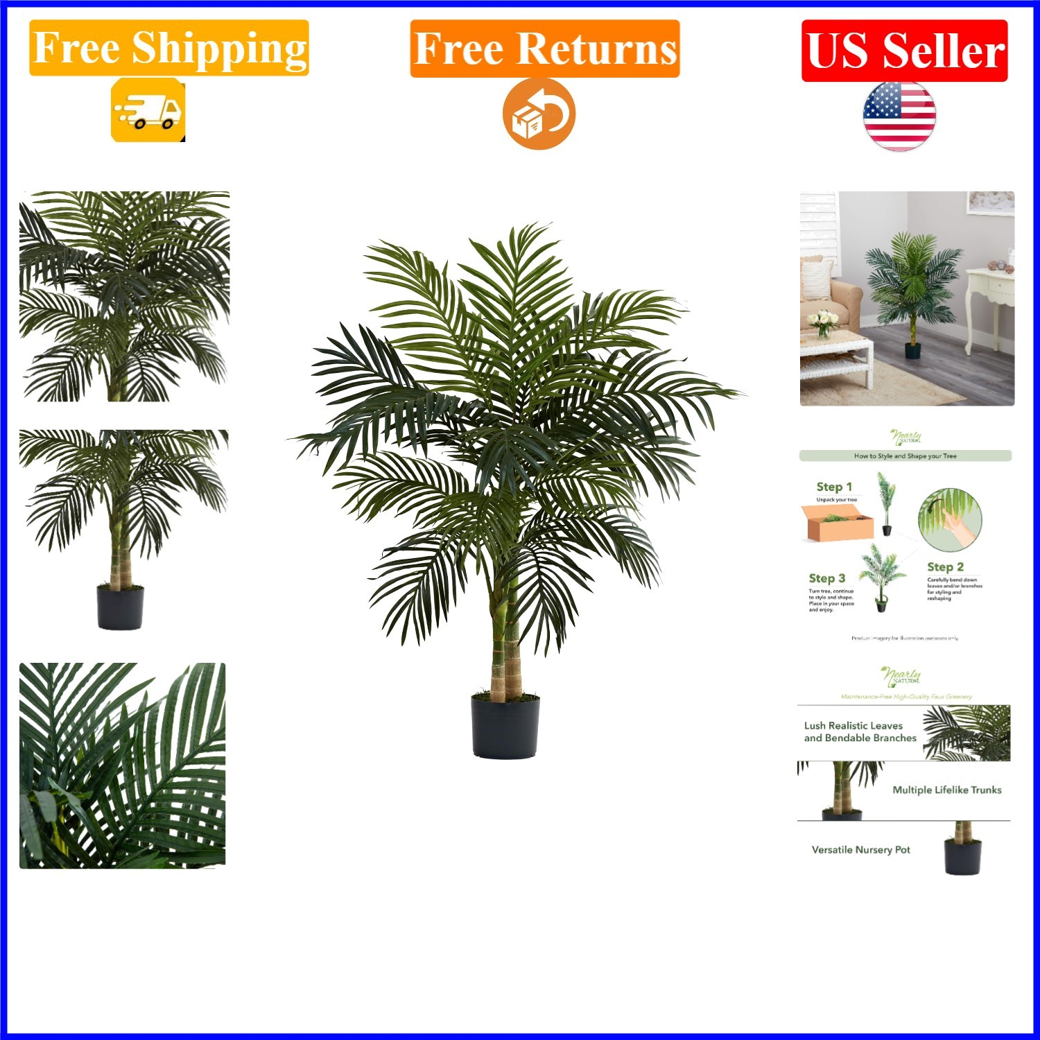 4ft Golden Cane Palm Artificial Tree, Double Stalk, Indoor Faux Tropical Plant