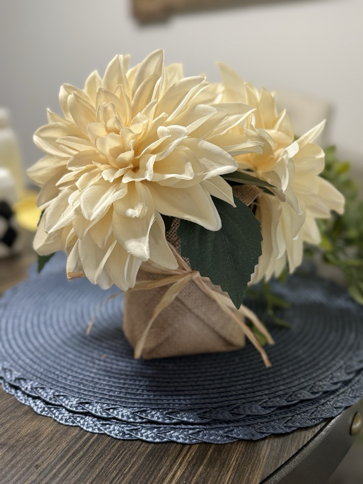 Cream Faux Dahlia Floral Arrangement Burlap Wrapped Vase Farmhouse Decor