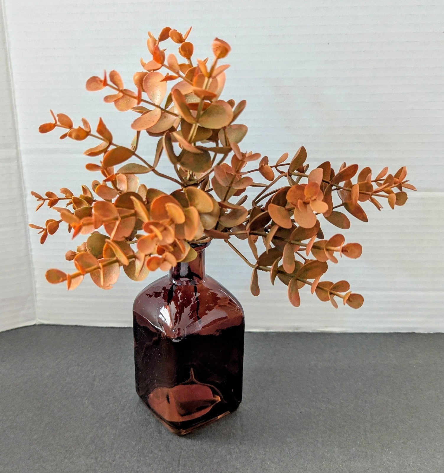 NEW Small Dark Am Bud Vase w/ Brown Eucalyptus Stems Fall Decor 5.5″ x 2.5″