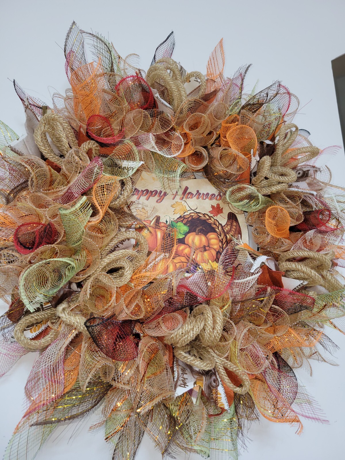 HAPPY HARVEST autumn Spring Mesh Front Door Wreath Wall Decor Bright colors