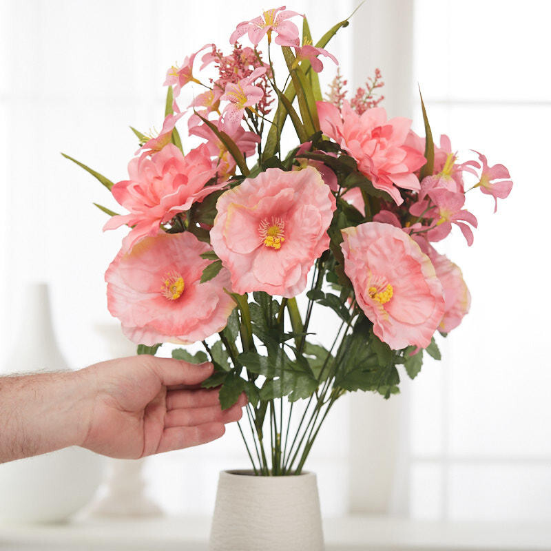24″ Tall Pink Artificial Dahlia, Poppy, and Lily Bush