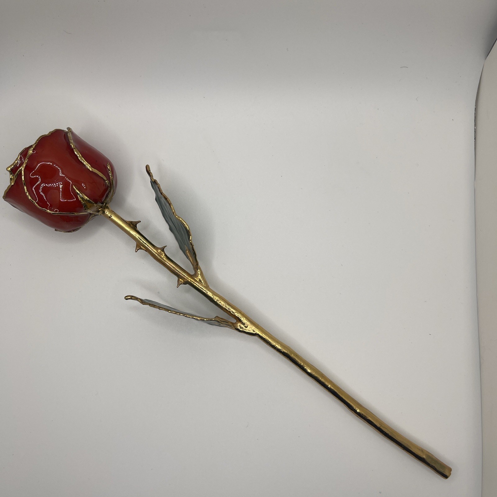 Genuine Real Rose Trimmed In 24 Kt. Gold Long Stem Rose Red Rose Green Leaves