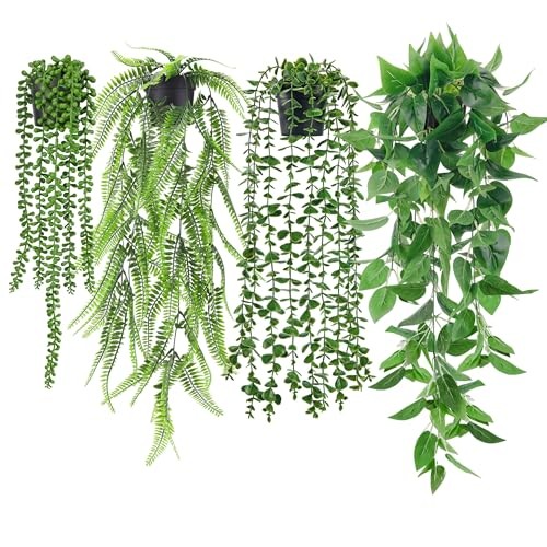 4Pcs Fake Plants Hanging Artificial Ivy Vine Faux Black Pots-4pcs Green