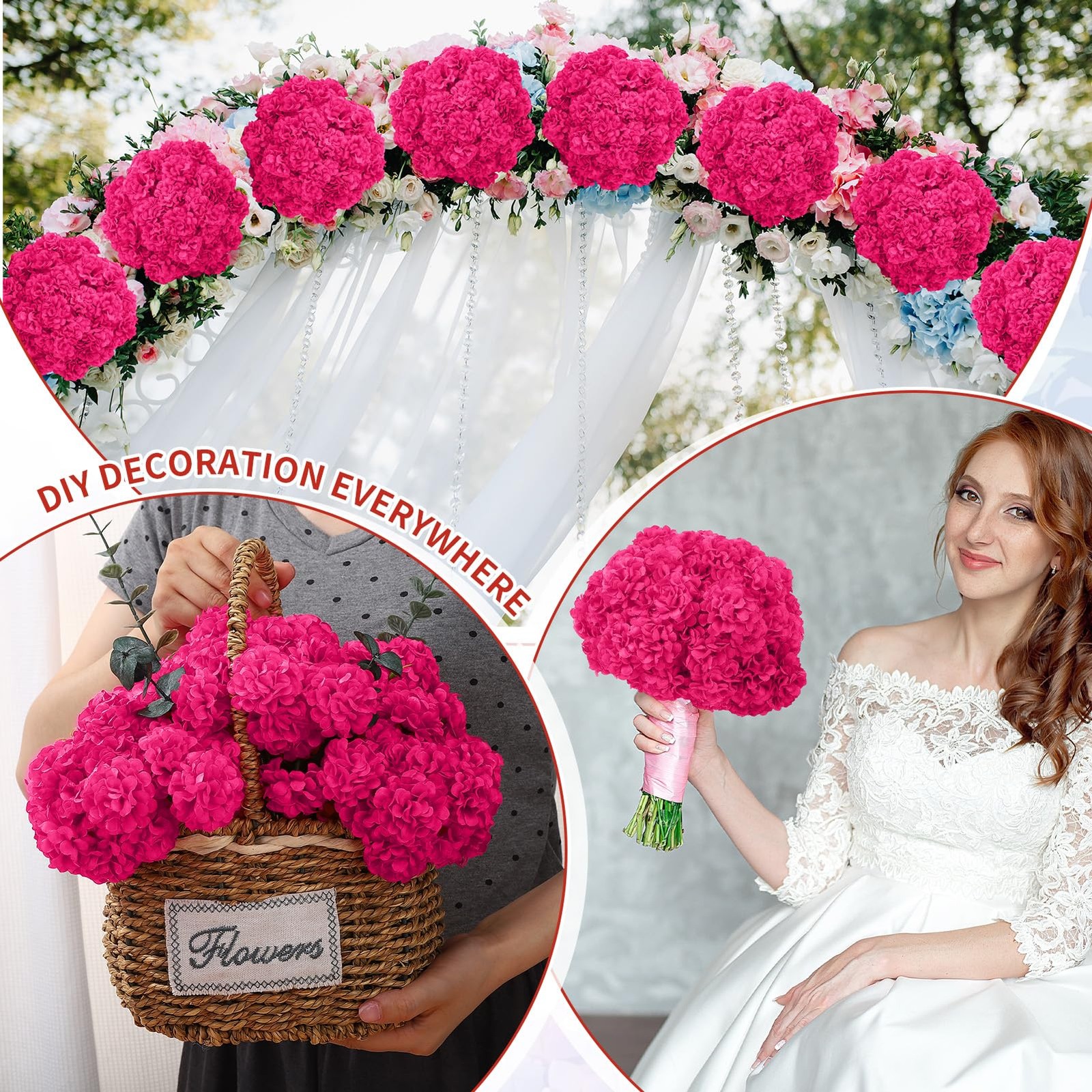 72 Pcs Hot Pink Hydrangea Artificial Flowers, Round Floral Bouquet for Home D…