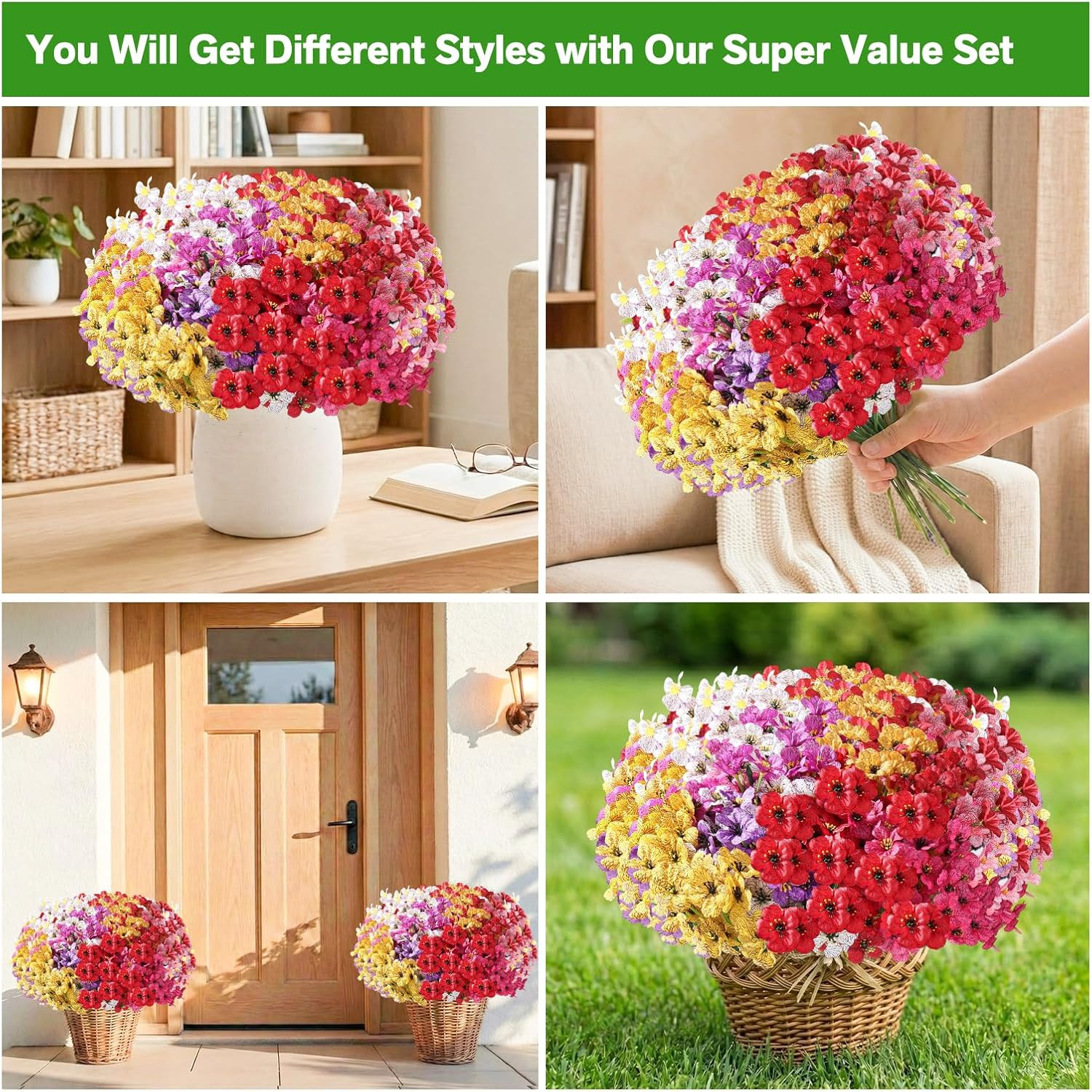 22 Pack Artificial Flowers for Outdoor or Indoor Planters Multi Colour