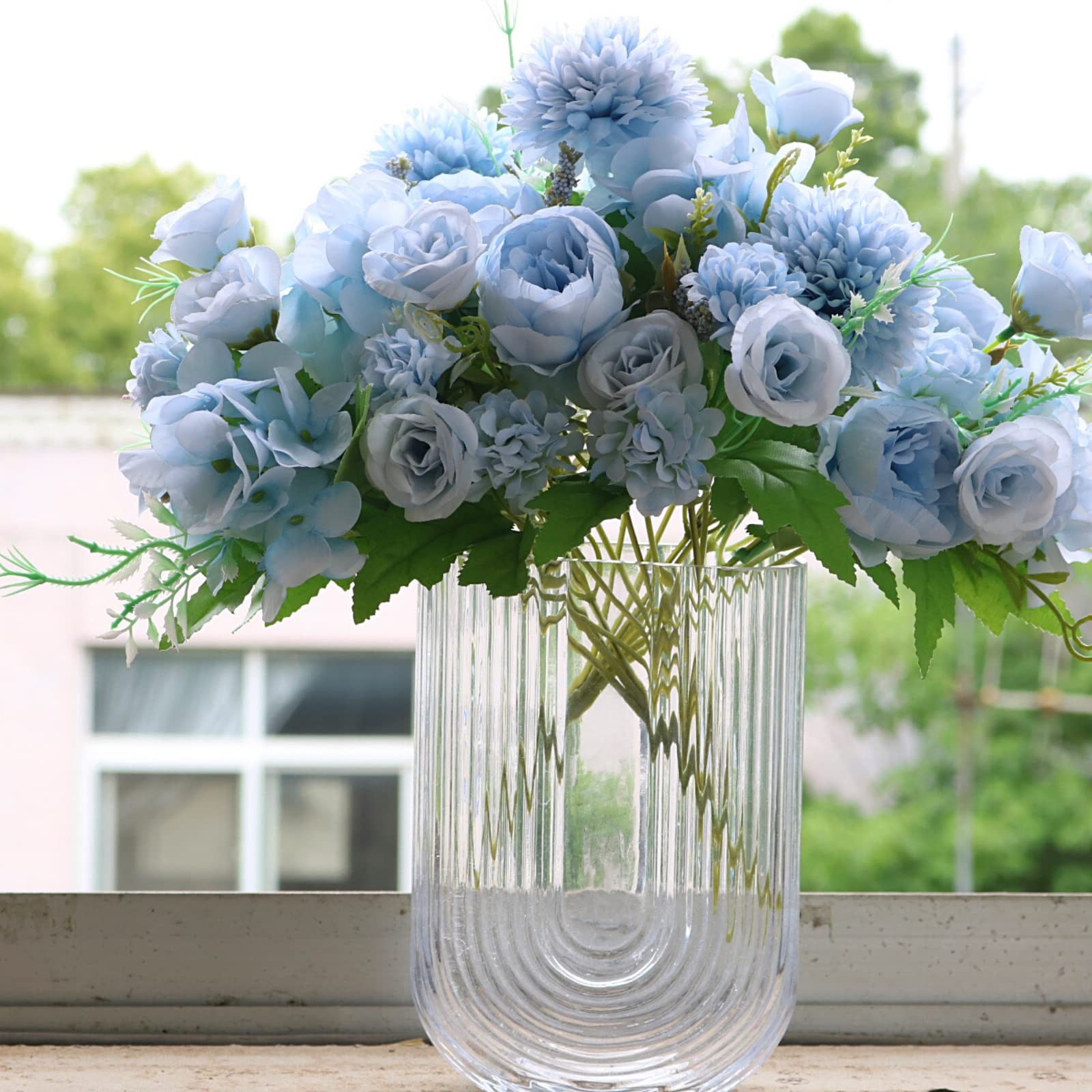 2 PCS Light Blue Fake Peony Silk Peonies Artificial Flowers Arrangements