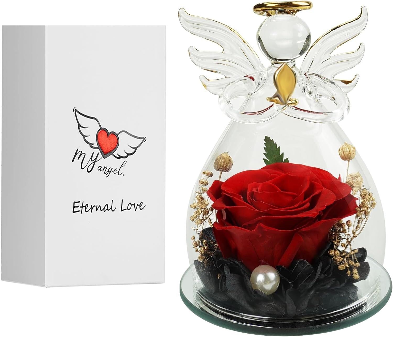 Angel Rose Gifts for Women,Preserved Roses Forever Flower in Glass Angel Figurin