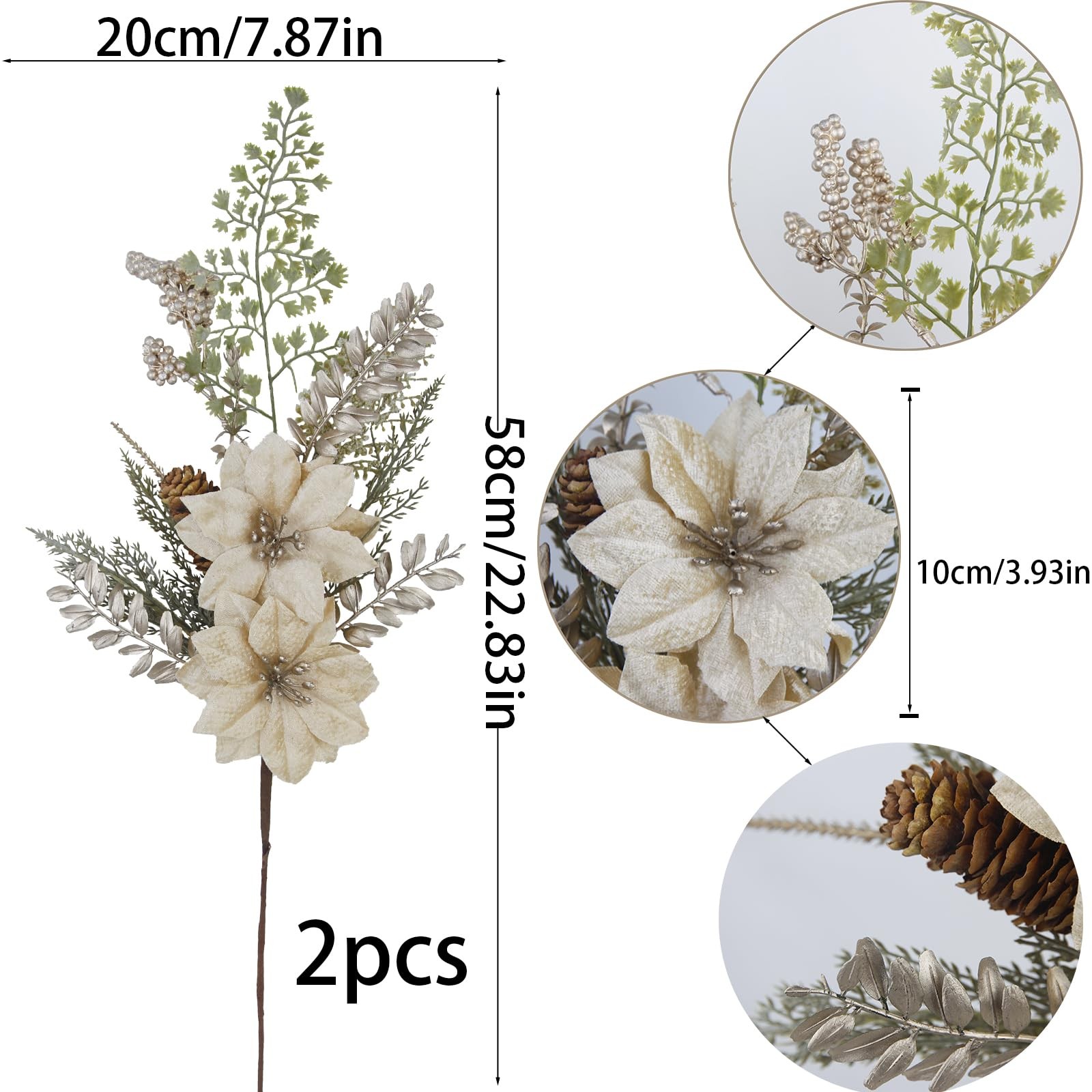 2 PCS Artificial Christmas Flowers Poinsettia Golden Velvet Berries Winter