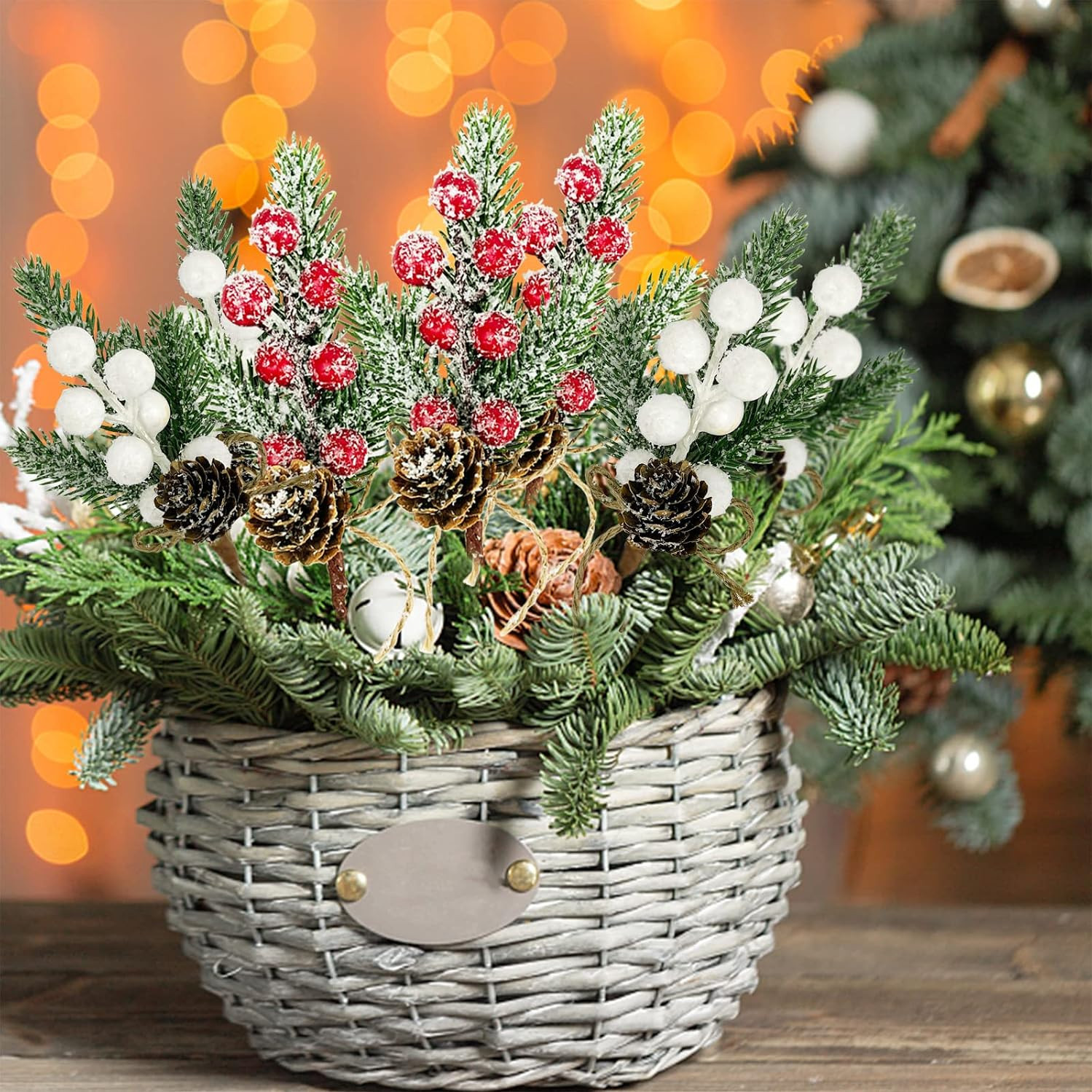 White Berry Stems Floral Pine Cones 10PCS Christmas Artificial Pine Branches
