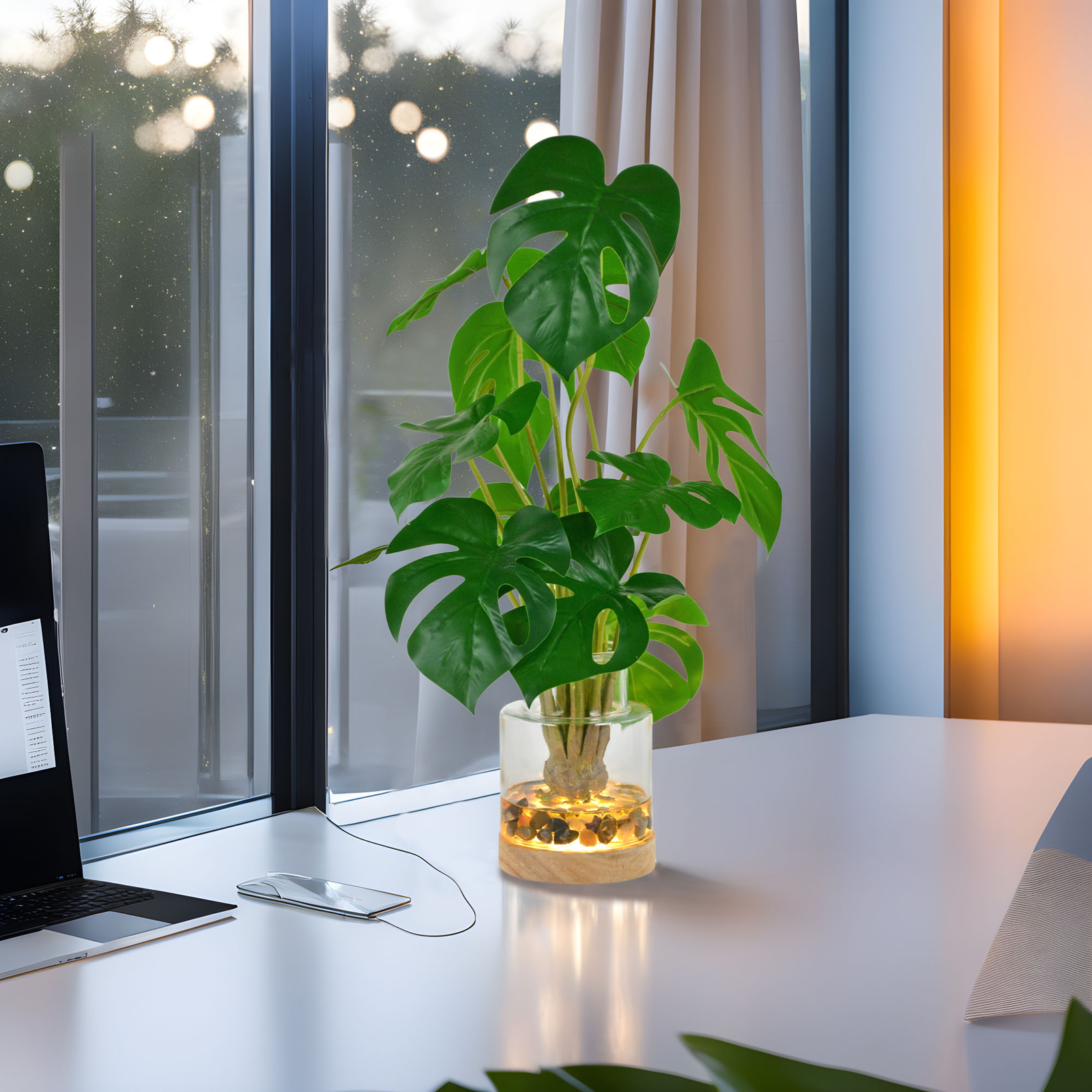 Real Touch 17.5 inch Artificial Plant Monstera Leaves in Glass Vase and LED Base