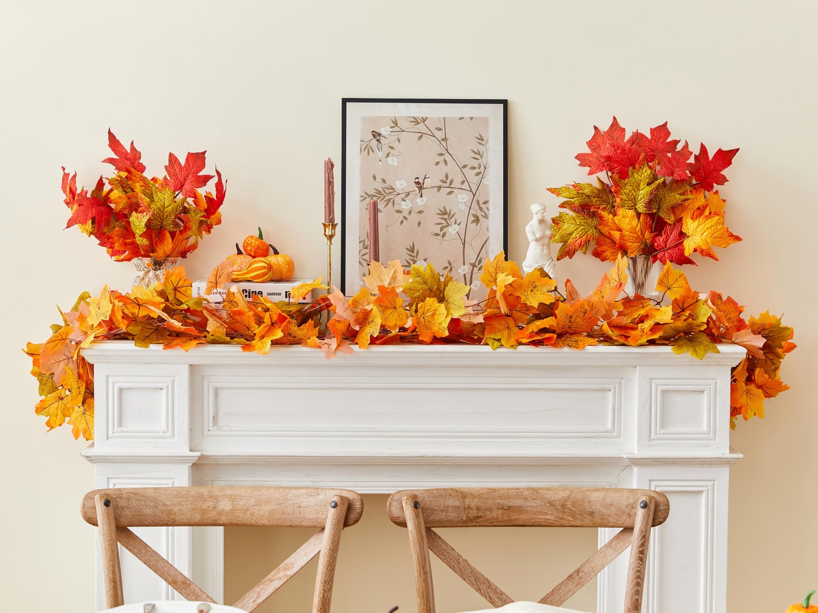 13 FT Fall Garland 2pc Autumn Maple Leaf Garlands for Mantle Thanksgiving Fir…