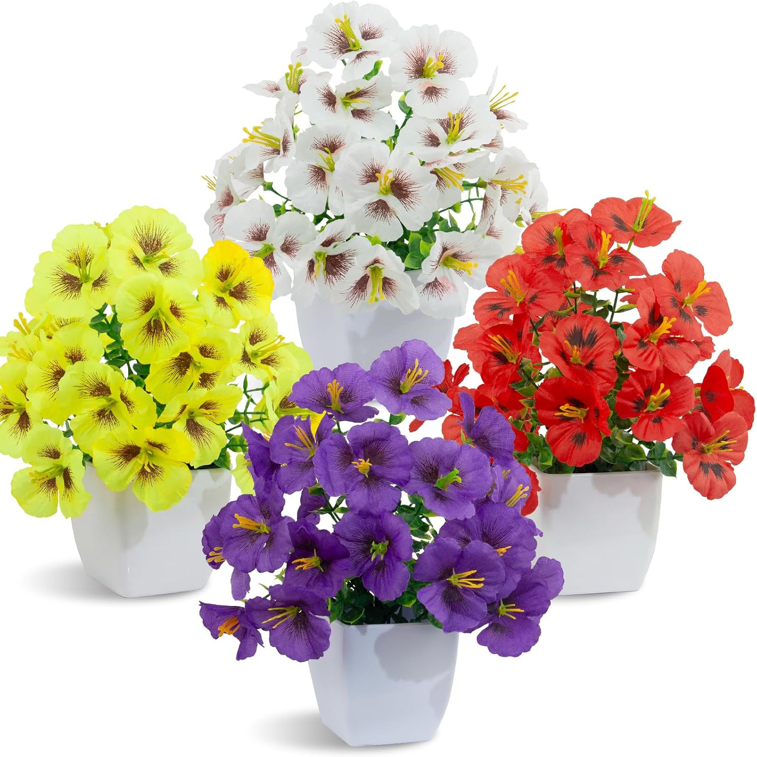4 Pack Small Artificial Pansy Flowers Fake Plants in White Pots, Mini