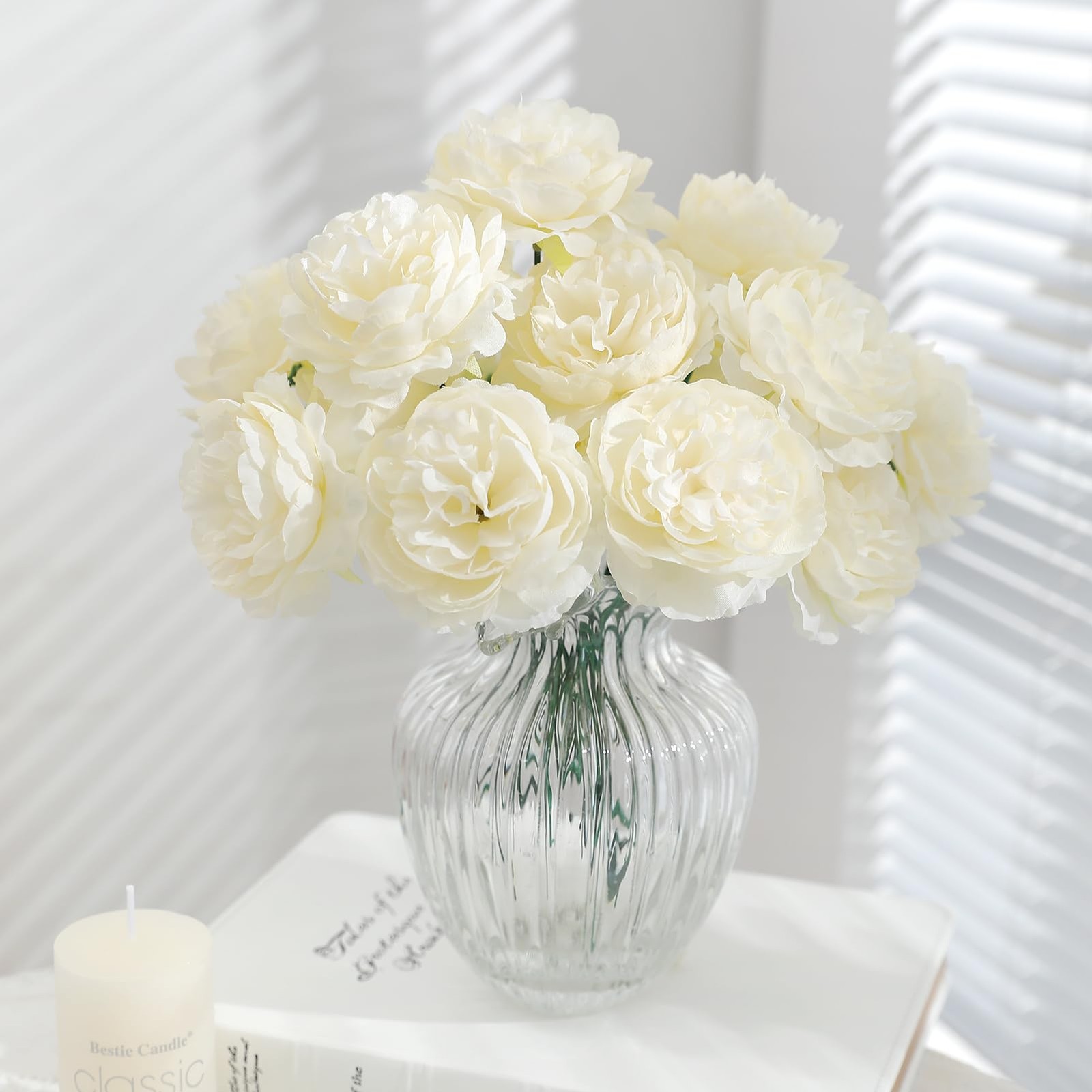12 PCS Artificial Silk Ivory Peony Flowers with Stems – 8 Inch Fake Peony Bou…