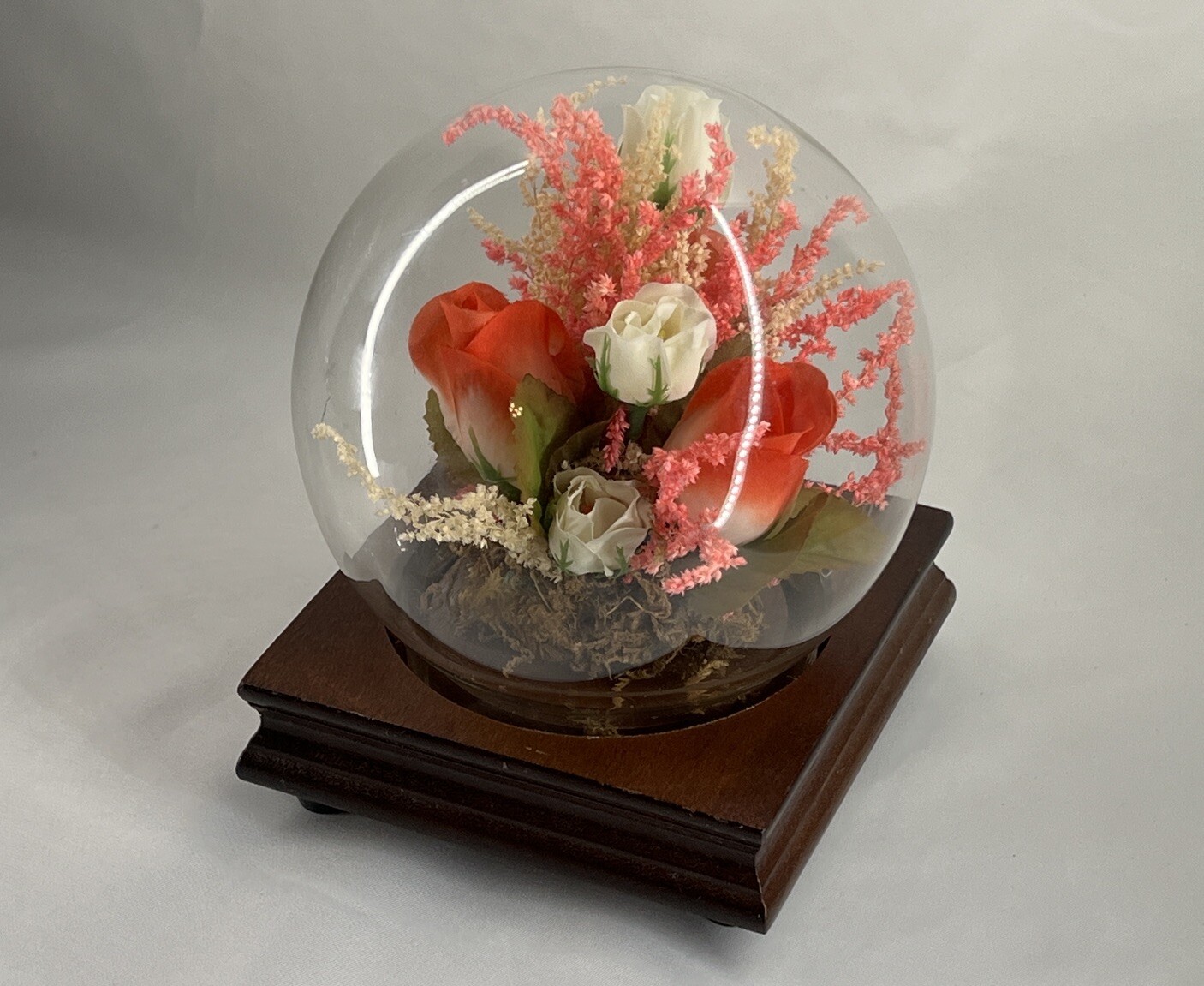 MCM Glass Cloche Globe Dried Flowers Wood Base Boho Cottagecore 70s Mystic