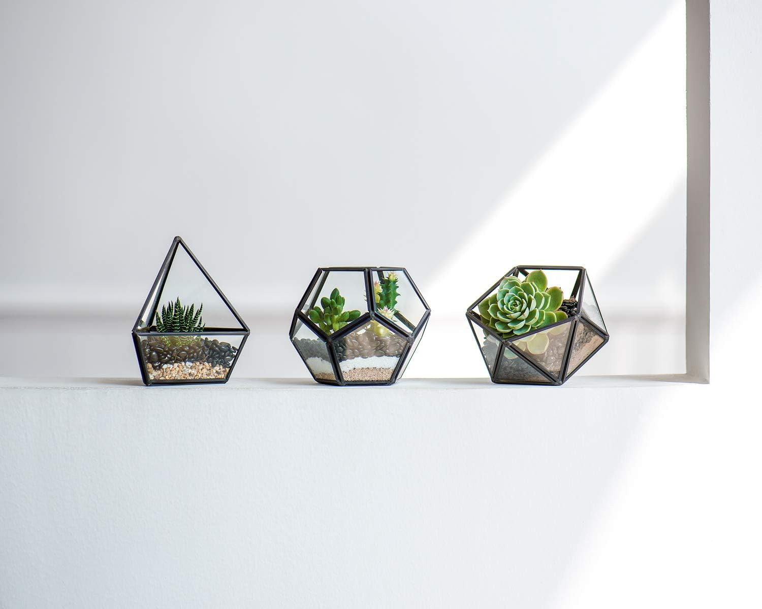 Artificial Succulent in 3 Pack Mini Glass Geometric Terrarium, Miniature Potted