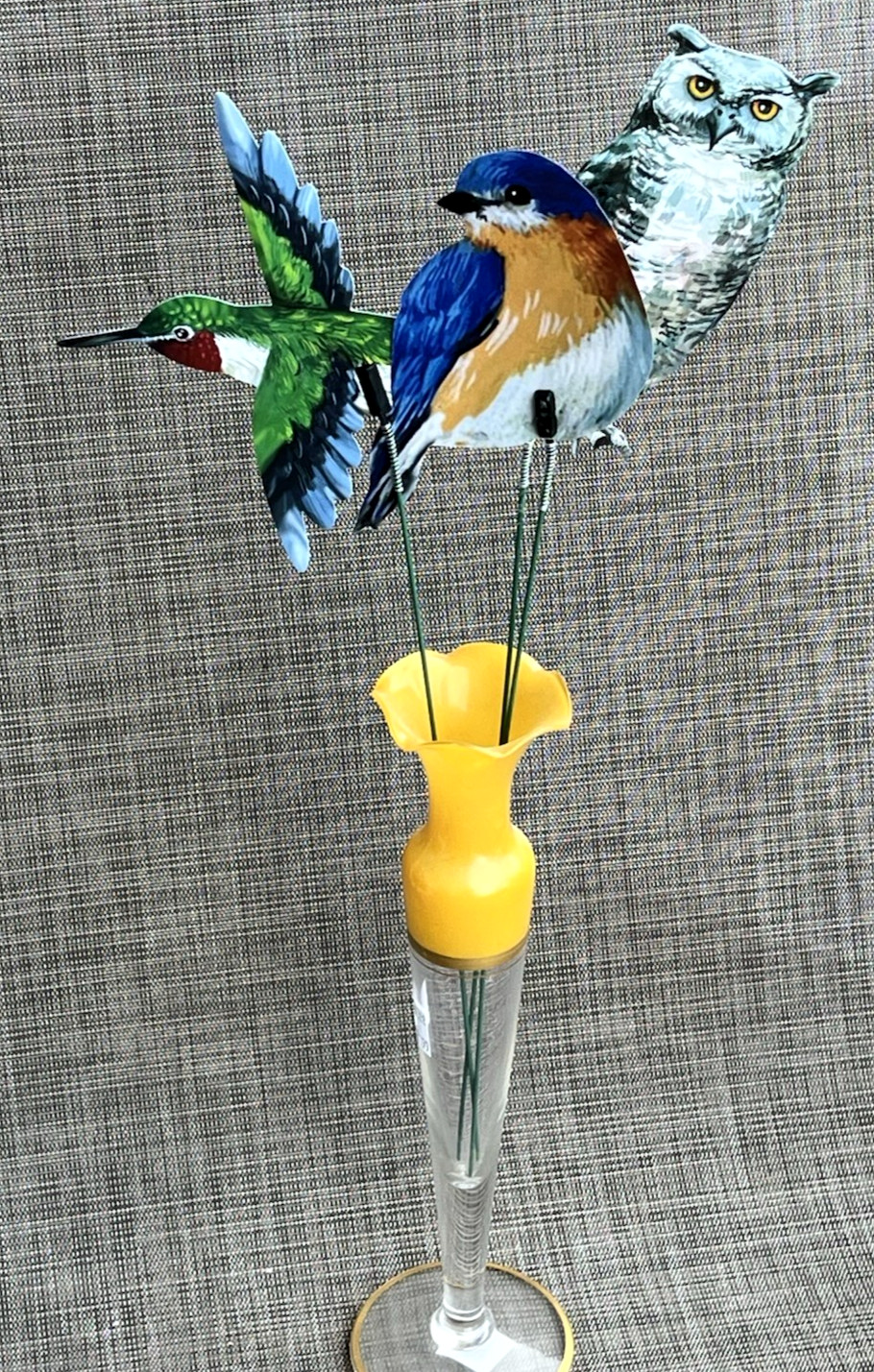 Bird Picks Lot of 3 Decorative Plastic on Wire Stems Owl, Hummingbird, Blue Bird