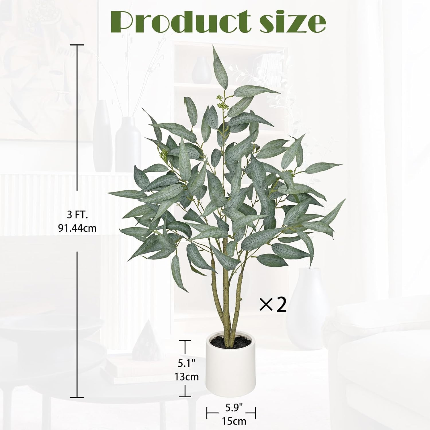 2 Pack 3FT Faux Eucalyptus Tree in White Pot – Realistic Indoor Plant Decor