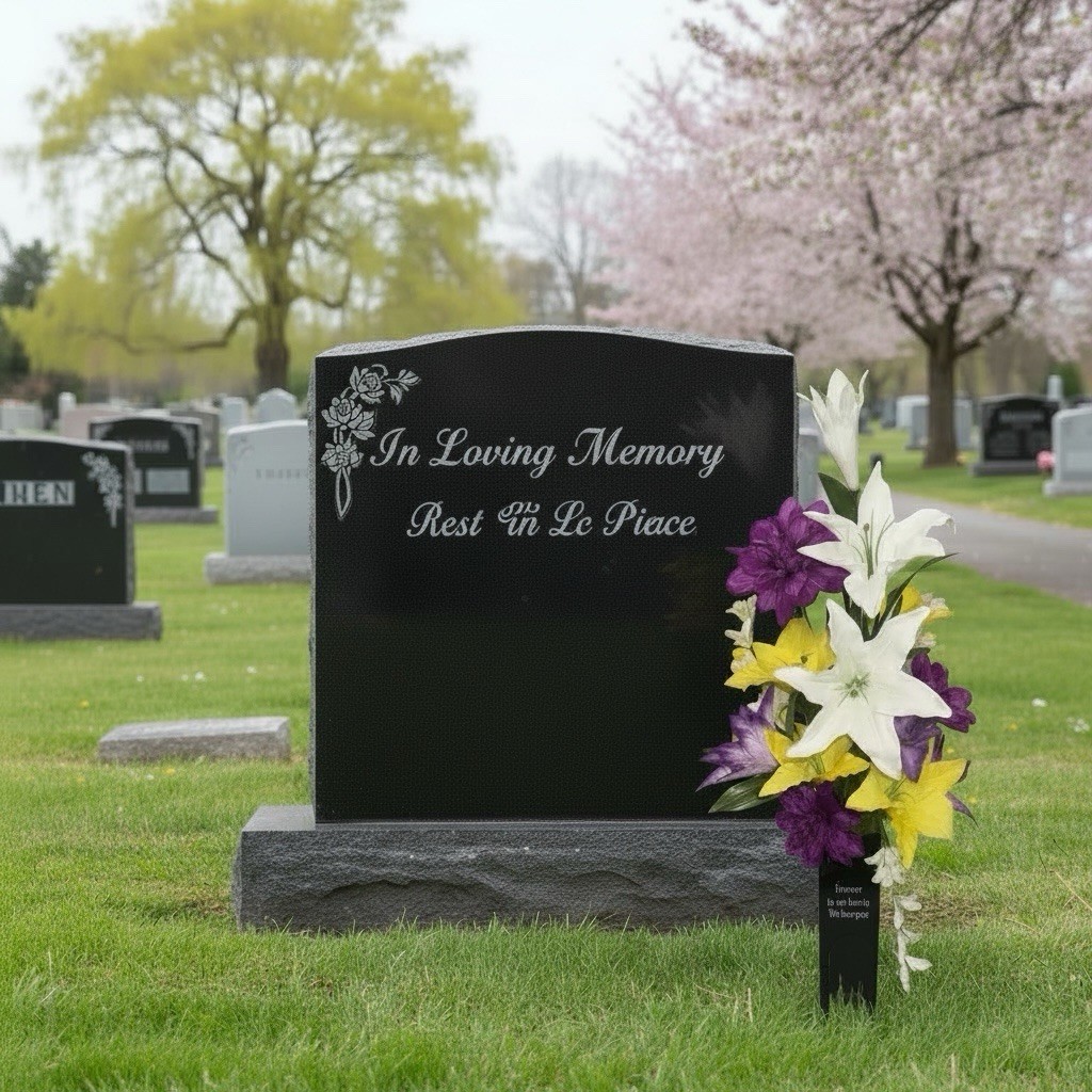 Cemetery Flowers Spring Arrangement Purple White Yellow Metal Inscribed Vase NEW