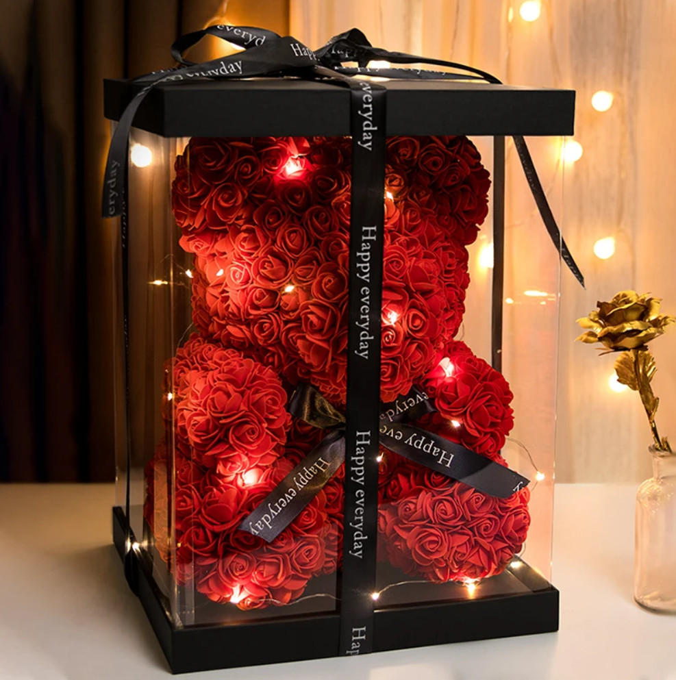 Rose Bear (5 in 1), Rose Teddy Bear with Lights, Ballon, Gift Box and Love Card.