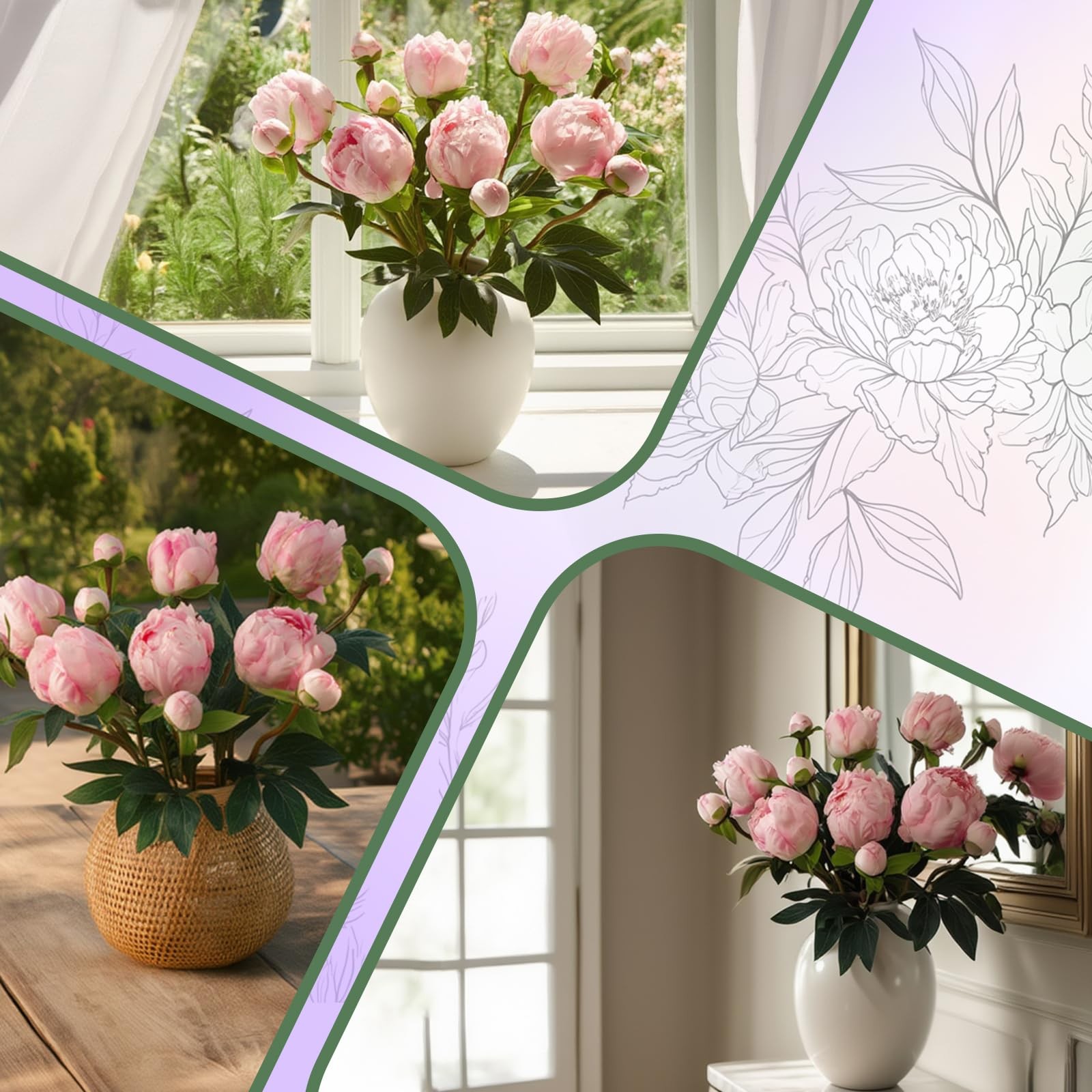 6PCS Pink Peonies Artificial Flowers, Realistic 2 Heads Silk Peonies with Ste…